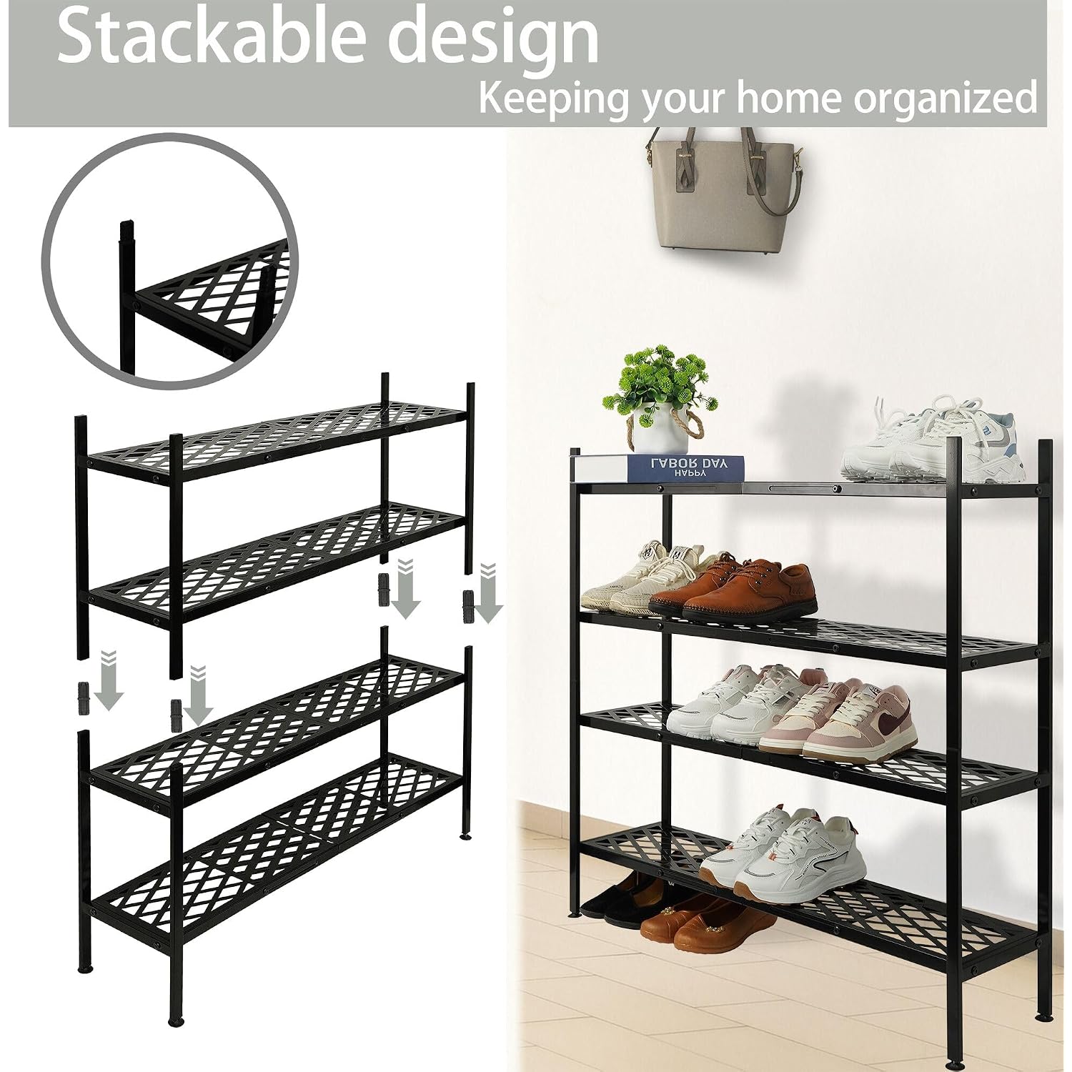 Shoe Rack, 45.6" Expandable Shoes Storage Metal Shoe Shelf Stand 2-Tier Stackable Boot Organizer For Closet, Entryway, Garage, Bedroom, Door Entrance, Black