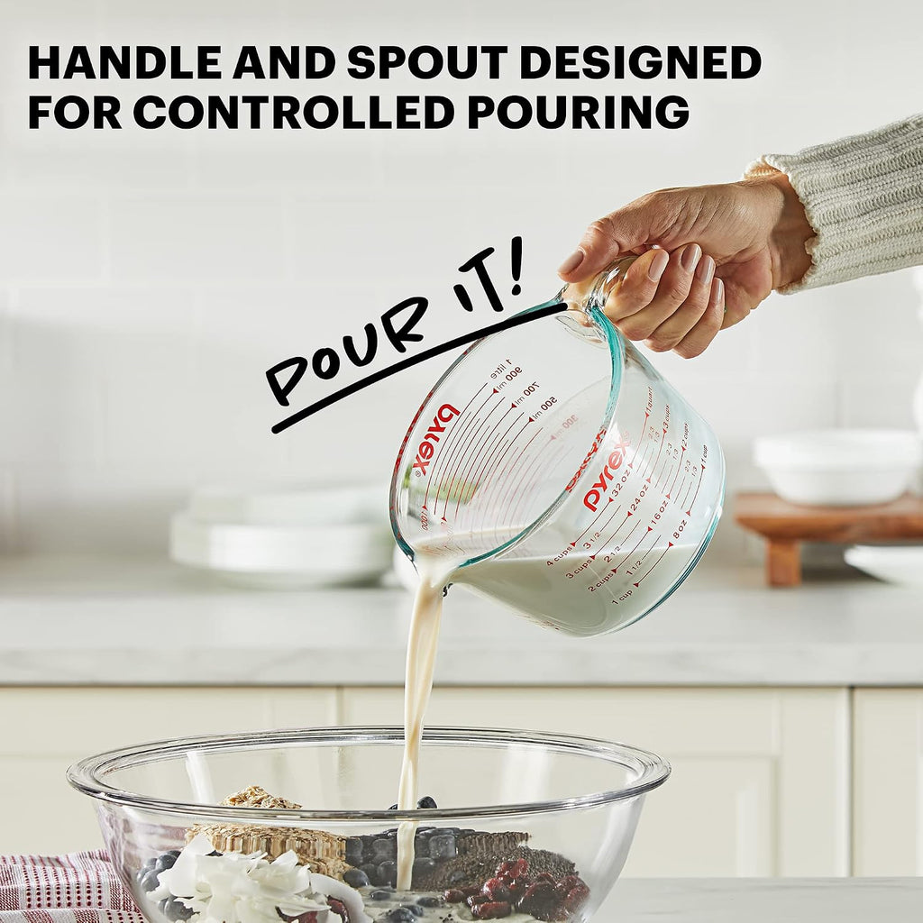 Pyrex 4-Cup Glass Measuring Cup For Baking And Cooking, Dishwasher, Freezer, Microwave, And Preheated Oven Safe, Essential Kitchen Tools