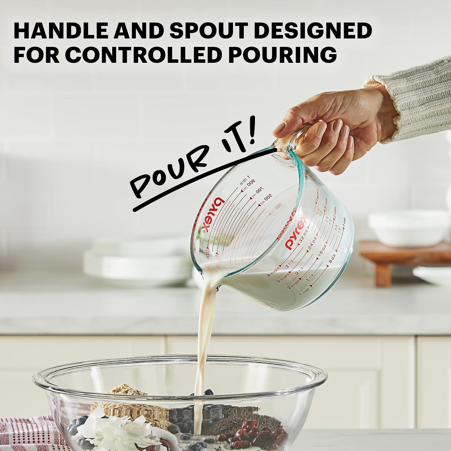Pyrex 4-Cup Glass Measuring Cup For Baking And Cooking, Dishwasher, Freezer, Microwave, And Preheated Oven Safe, Essential Kitchen Tools