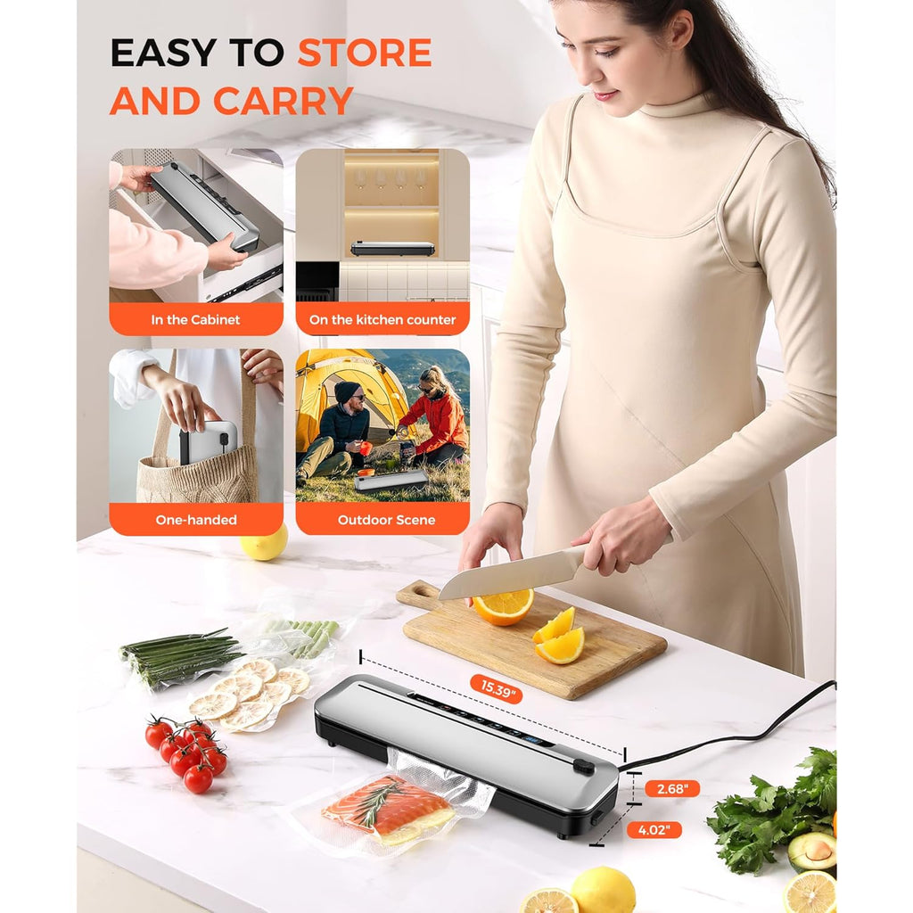 Vacuum Sealer Machine 75KPa Food with 6-in-1 Dry/Moist Modes & Digital Timer, Compact Lightweight Design, Built-in Cutter + 10 Bags (Black Silver)