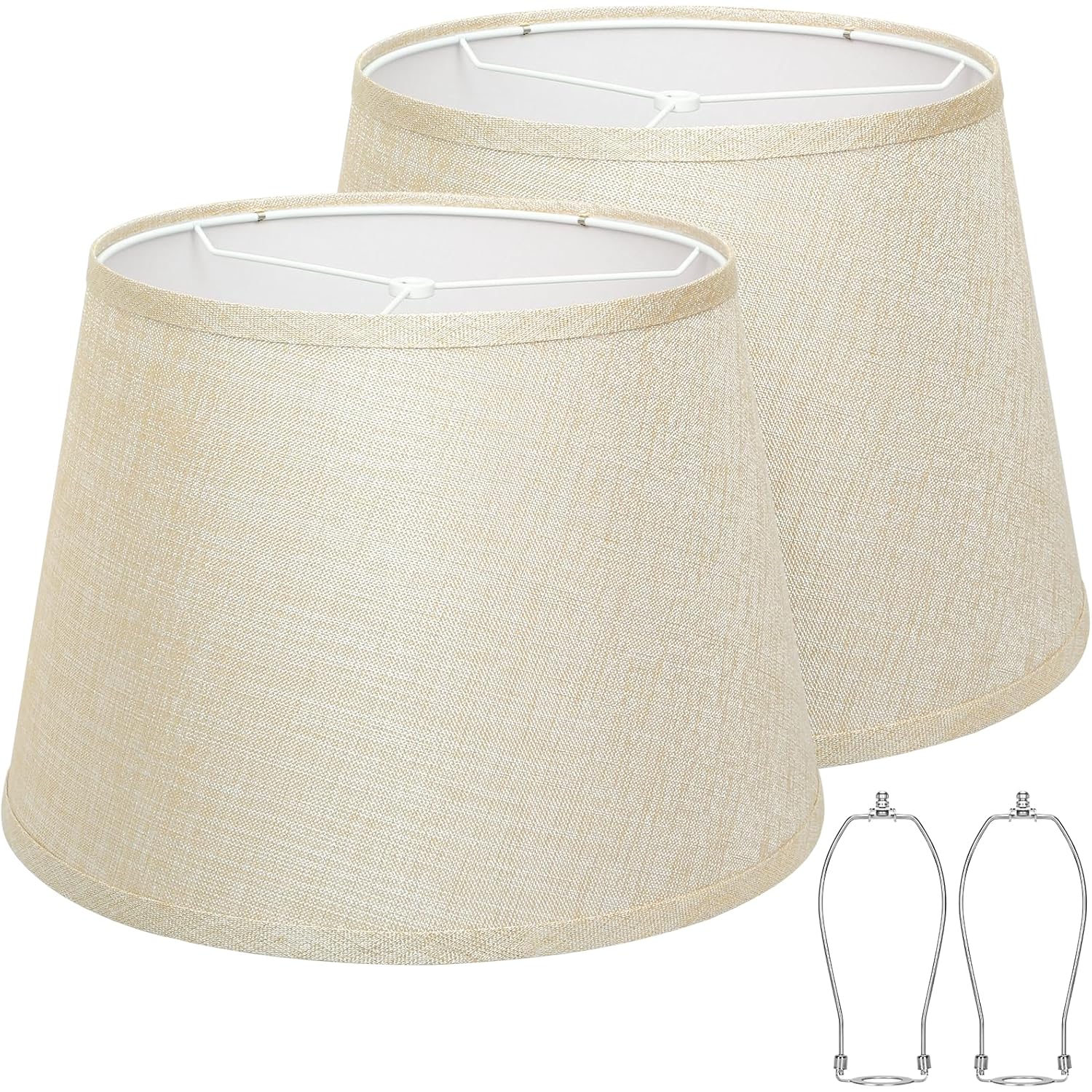 Drum Lamp Shades Set Of 2, 12"Top X 16"Bottom X 11"High, Champagne Beige | Large Drum Lampshades For Table Lamps, Floor Lamp Shade, E26 Base Harp Holders Included, Spider, Natural Linen, Easy Assembly