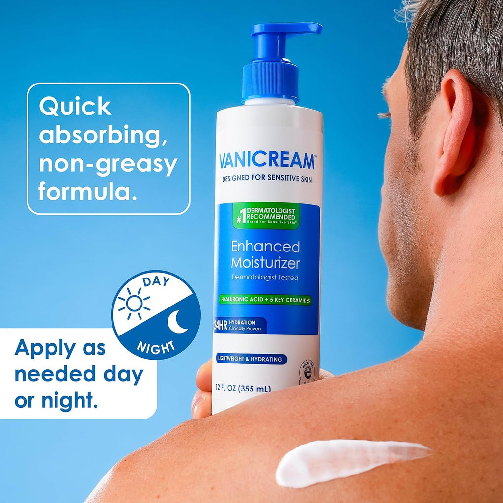 Vanicream Enhanced Moisturizer, 12 Fl Oz, Daily Body Lotion For Dry, Sensitive Skin, Clinically Tested 24Hr Hydration With Hyaluronic Acid, Glycerin & Ceramides, Formulated Without Common Irritants