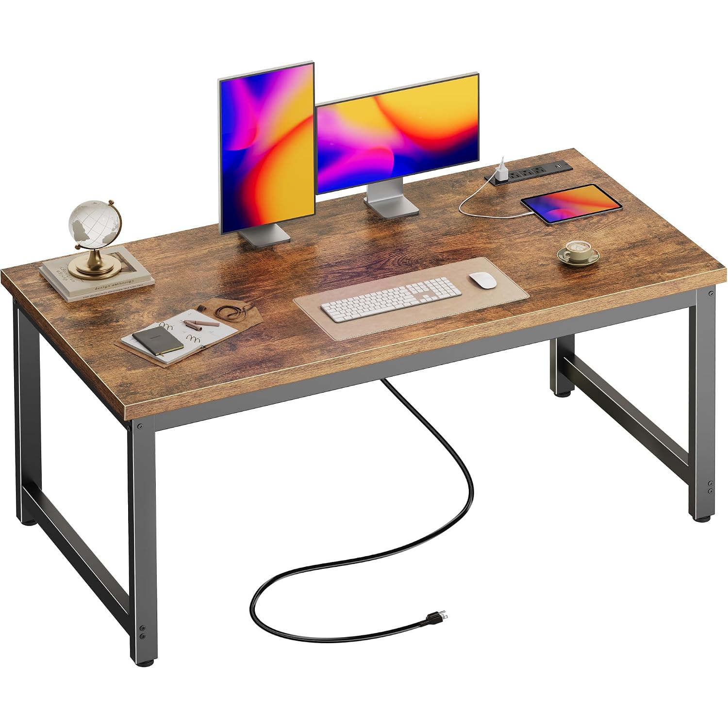 Huuger 55 X 24 Inch Desk With Power Outlets & Usb-C, Deeper & Thicker Desktop, Robust Metal Tubes, Computer Desk, Heavy Duty Office Desk, Work Gaming Desk For Home Office, Rustic Brown