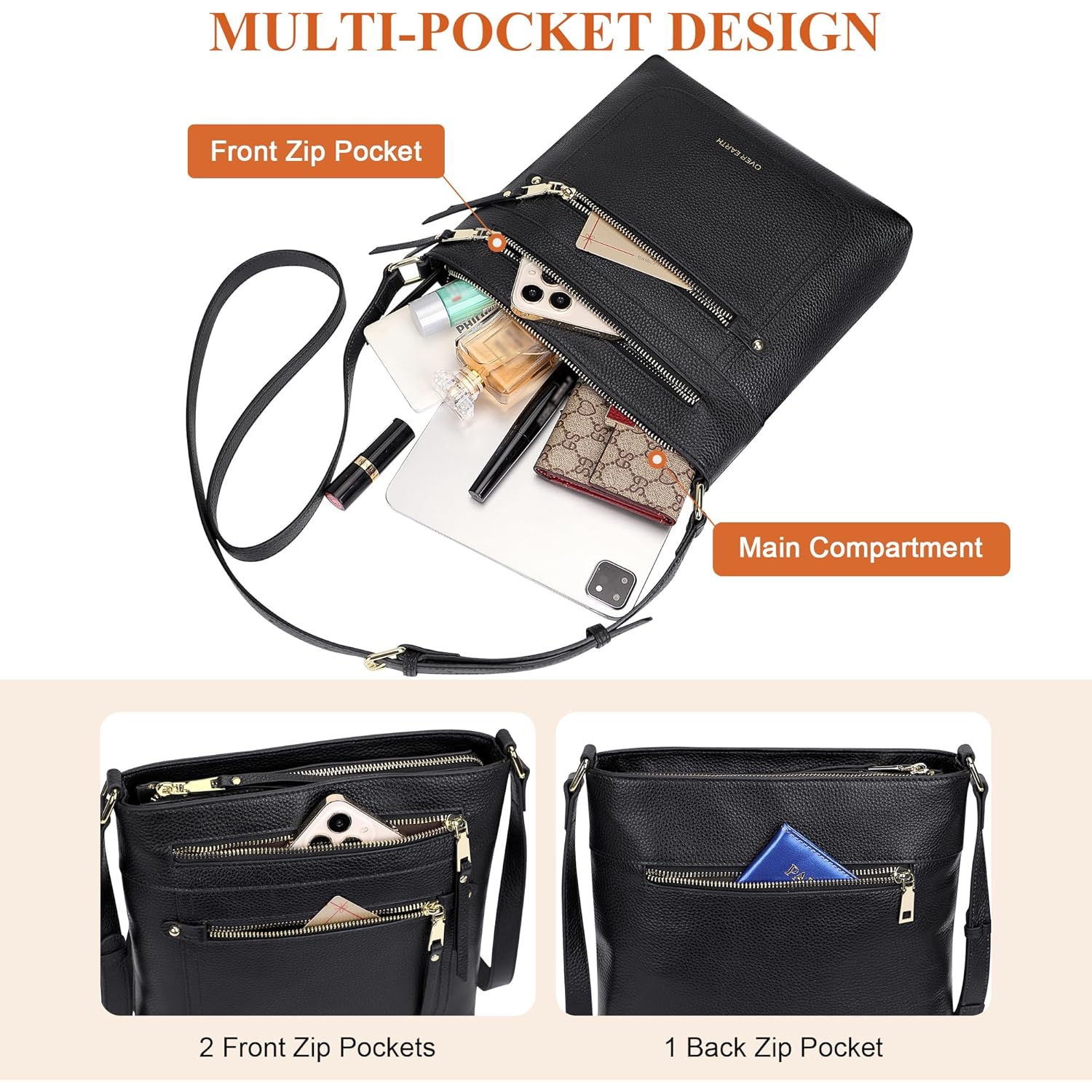 Over Earth Crossbody Bags for Women Leather Purses for Ladies with Multiple Pockets