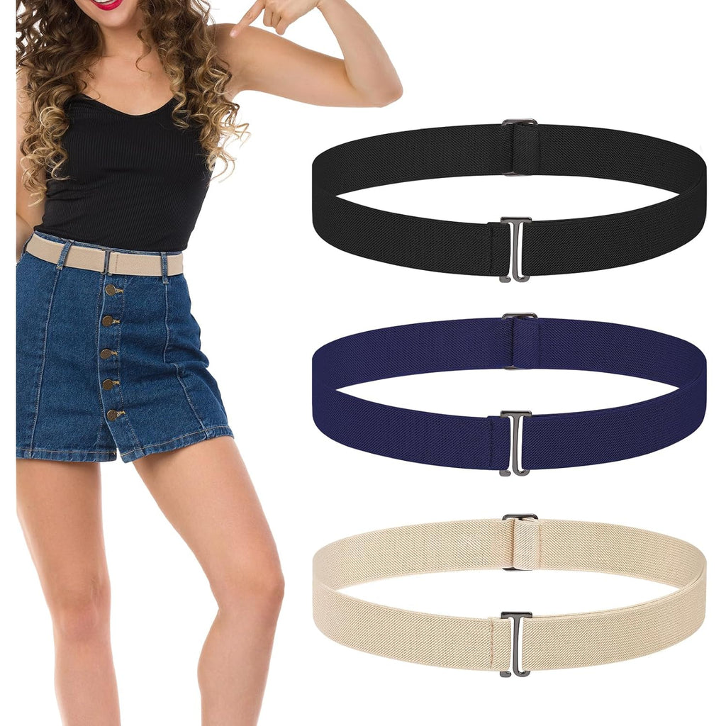 3 Pack Belts for Women, No Show Stretch Belt with Flat Buckle, Adjustable Elastic Waist Belts, Women's Belts for Jeans, Pants, Dresses, Invisible Belt Set for Women - Black, Blue, Khaki