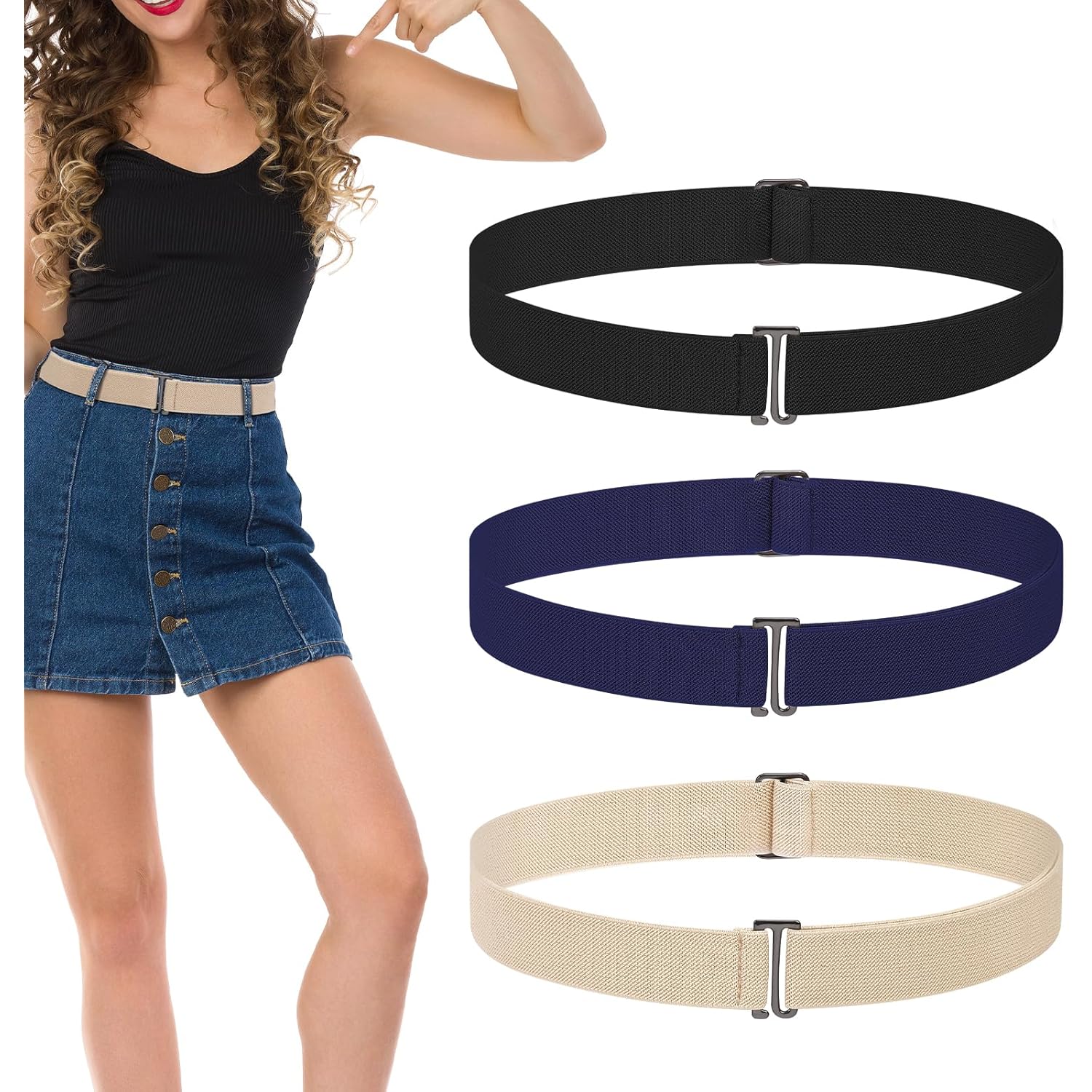 3 Pack Belts for Women, No Show Stretch Belt with Flat Buckle, Adjustable Elastic Waist Belts, Women's Belts for Jeans, Pants, Dresses, Invisible Belt Set for Women - Black, Blue, Khaki