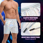 Amy Coulee Mens Metallic Shorts 5" Shiny Holographic Disco Shorts Outfit Sparkly Rave Hot Drawstring Shorts