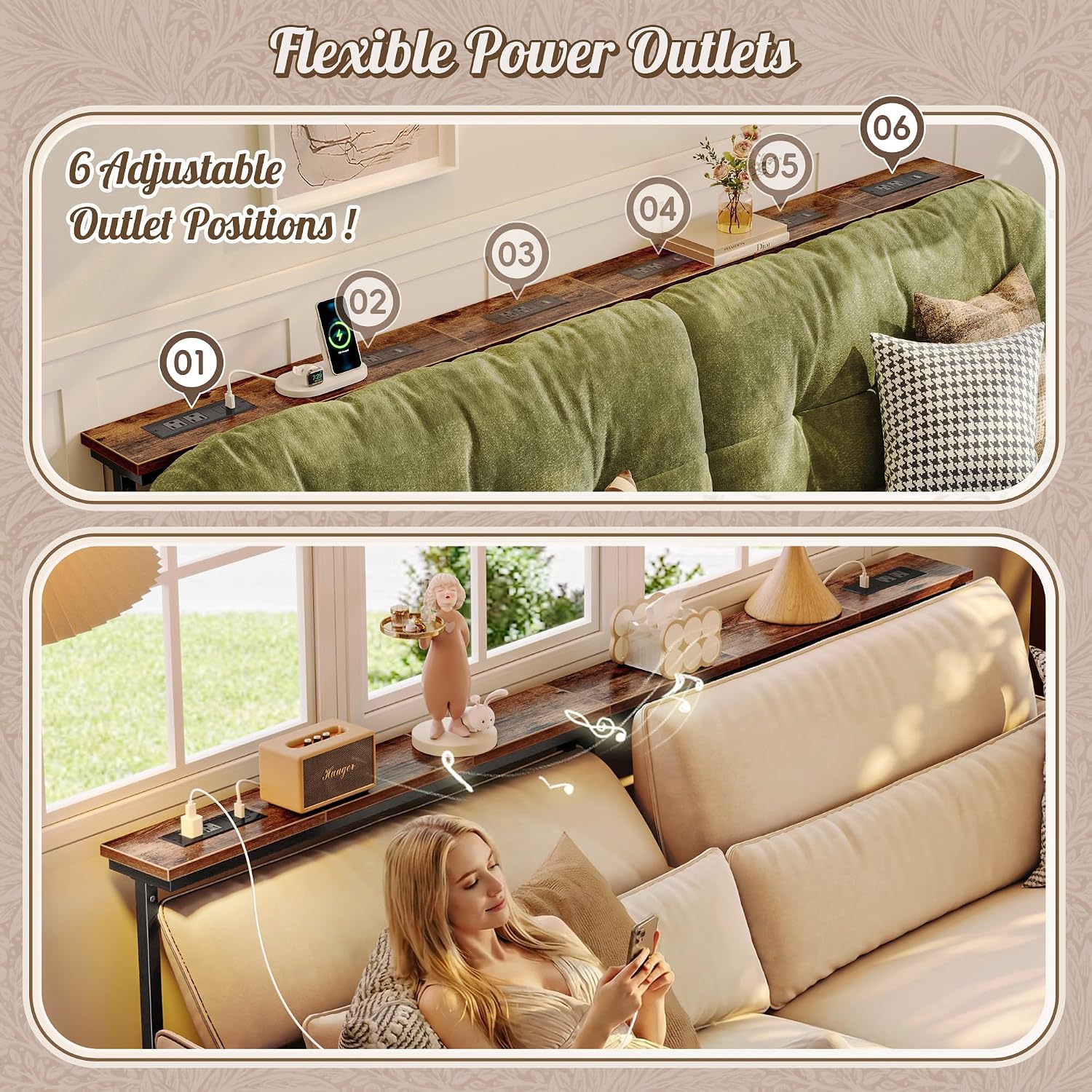 Huuger 78.7 Inch Height Adjustable Behind Couch Table With Power Outlets, 23.9’’-34.4’’ Range, Sofa Tables Narrow Long With Usb-C Ports, Skinny Console Table, For Small Spaces, Rustic Brown