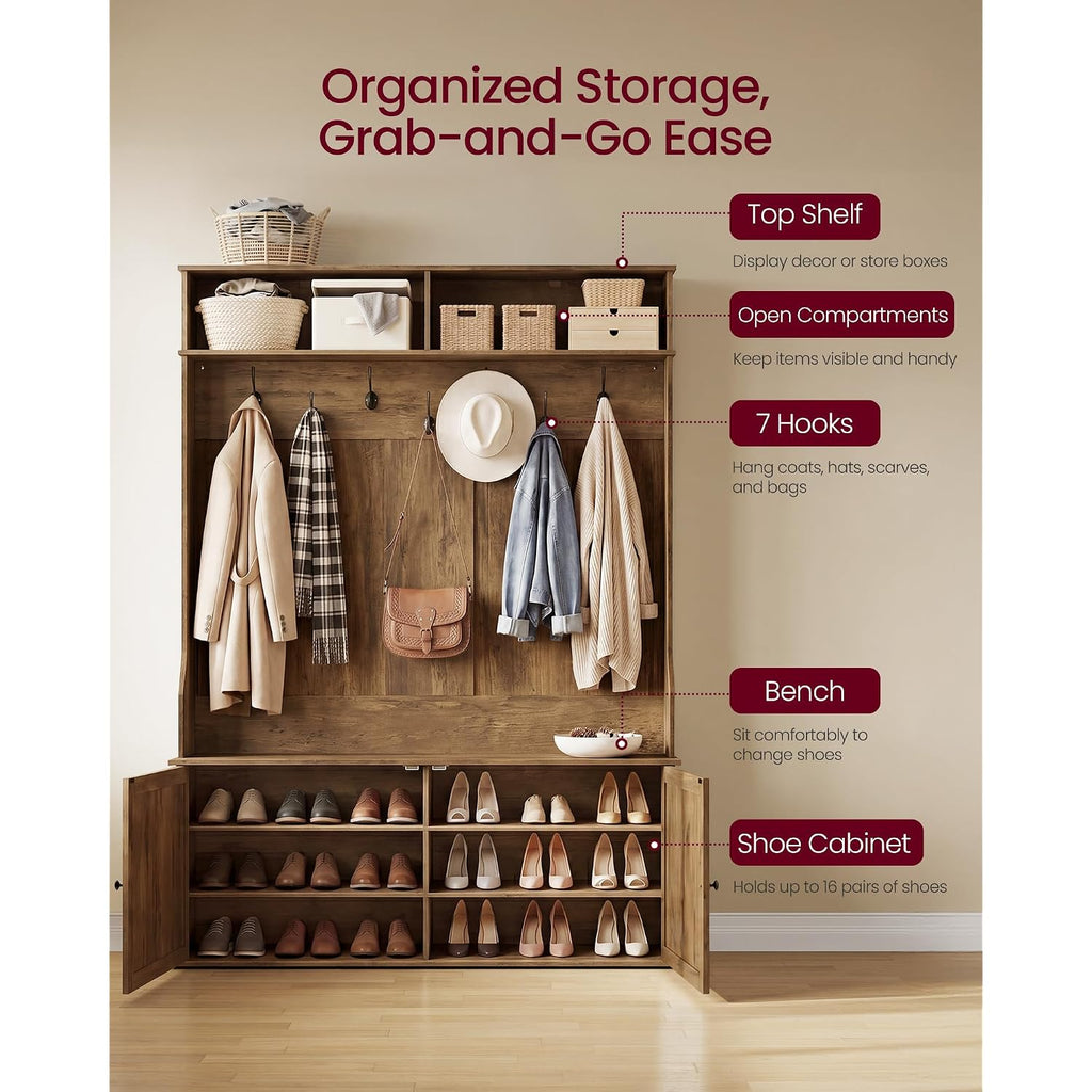 Vasagle Hall Tree With Bench And Shoe Storage, 5-In-1 Coat Rack With Shoe Bench, Adjustable Led Light, 7 Double Hooks, Farmhouse Entryway Furniture, Honey Brown Uhsr653Kb01S