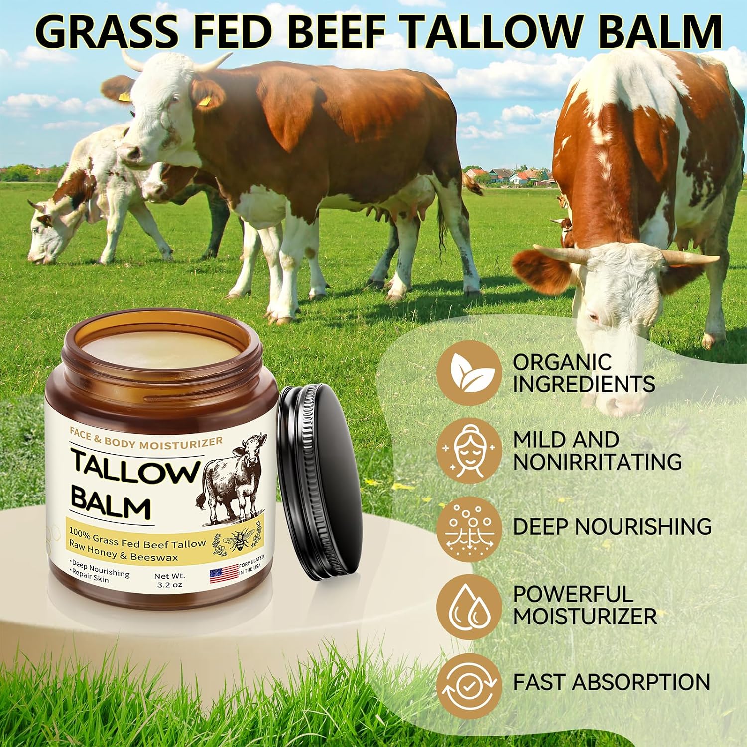 Veakoo Beef Tallow For Skin, Organic Whipped Tallow And Honey Balm, Grass Fed Beef Tallow Face Moisturizer, Natural Tallow Skin Care Cream Body Butter, Nourish And Soothe Dry Skin
