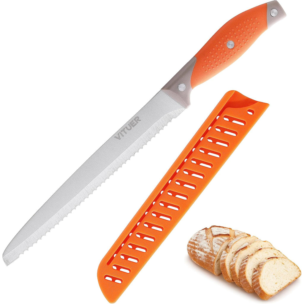 Vituer Bread Knife With Cover, 8 Inch Serrated Bread Knife For Homemade Bread, Bread Cutter Ideal For Slicing Homemade Bread, Bagels, Cake (8-Inch Blade With 5-Inch Handle)