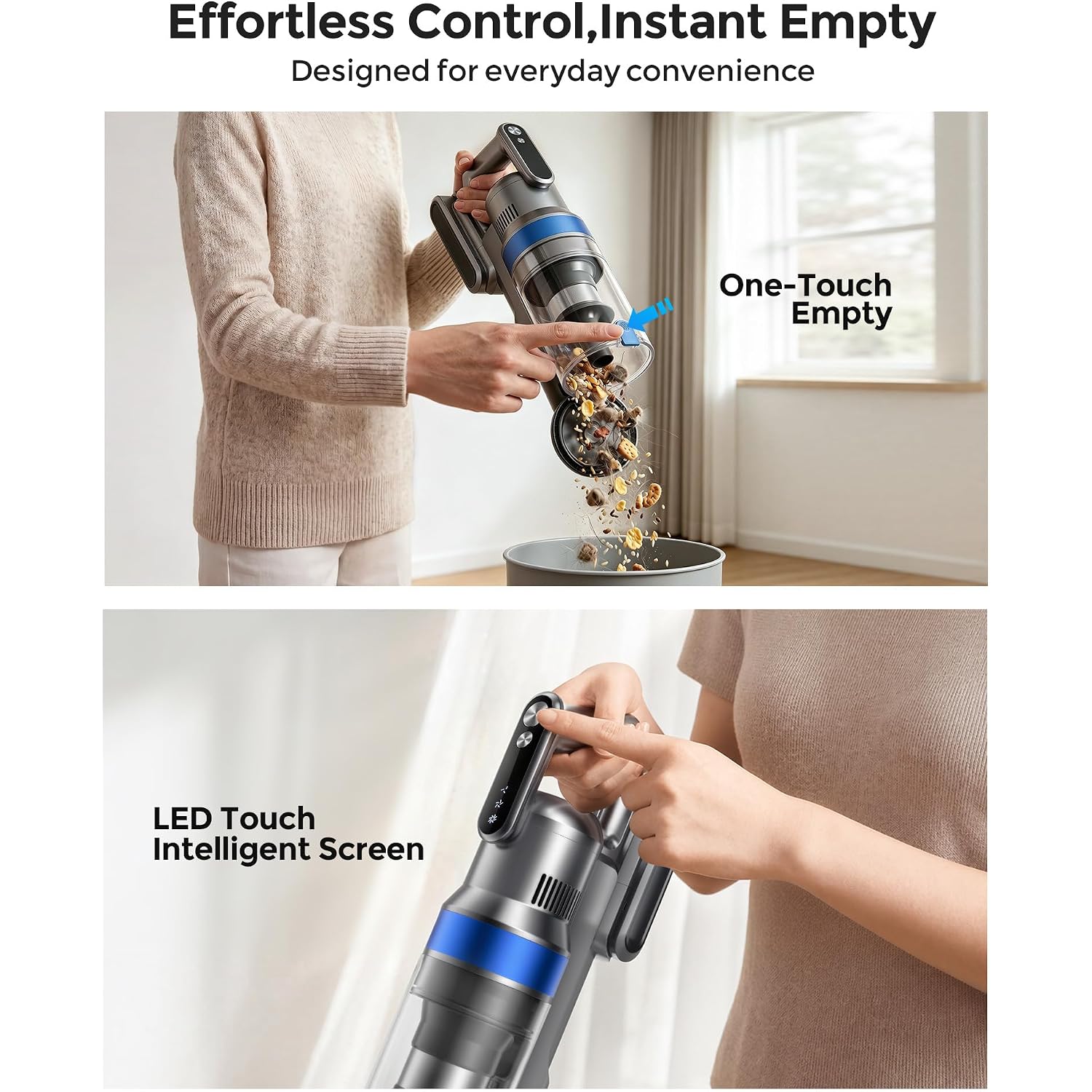 Cordless Vacuum Cleaner, 50Kpa 60Mins Self-Standing Stick Vacuum Cordless With Anti-Tangle Brush,Touch Screen,Lightweight & Portable,Vacuum Cleaners For Home,Pet Hair,Carpet, Hard Floor Blue