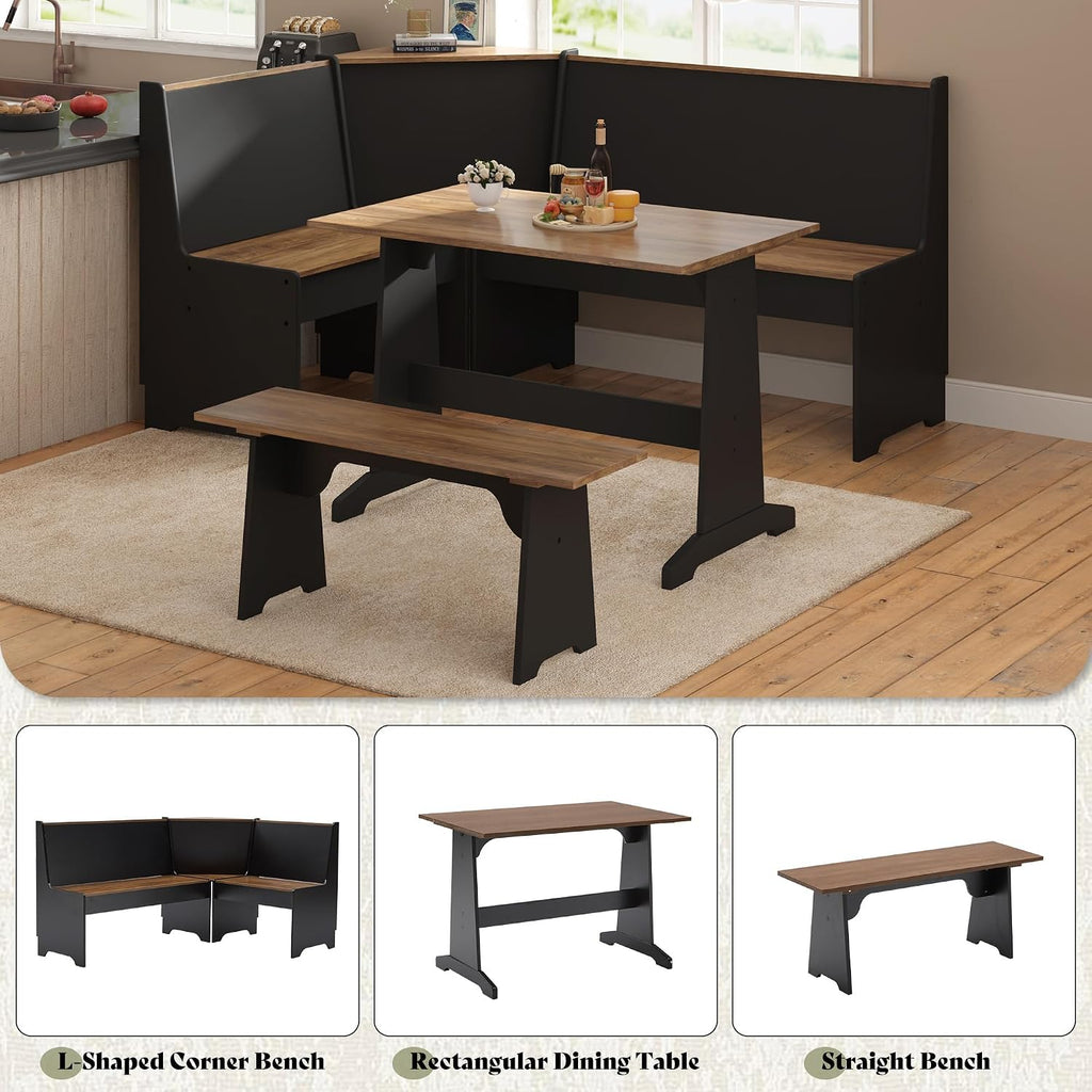 Amerlife 3-Piece Breakfast Nook Dining Set With Storage, Black Oak | L-Shaped Corner Bench, Hidden Storage, Compact Dining Set For Small Spaces, Kitchen Dining Room Furniture