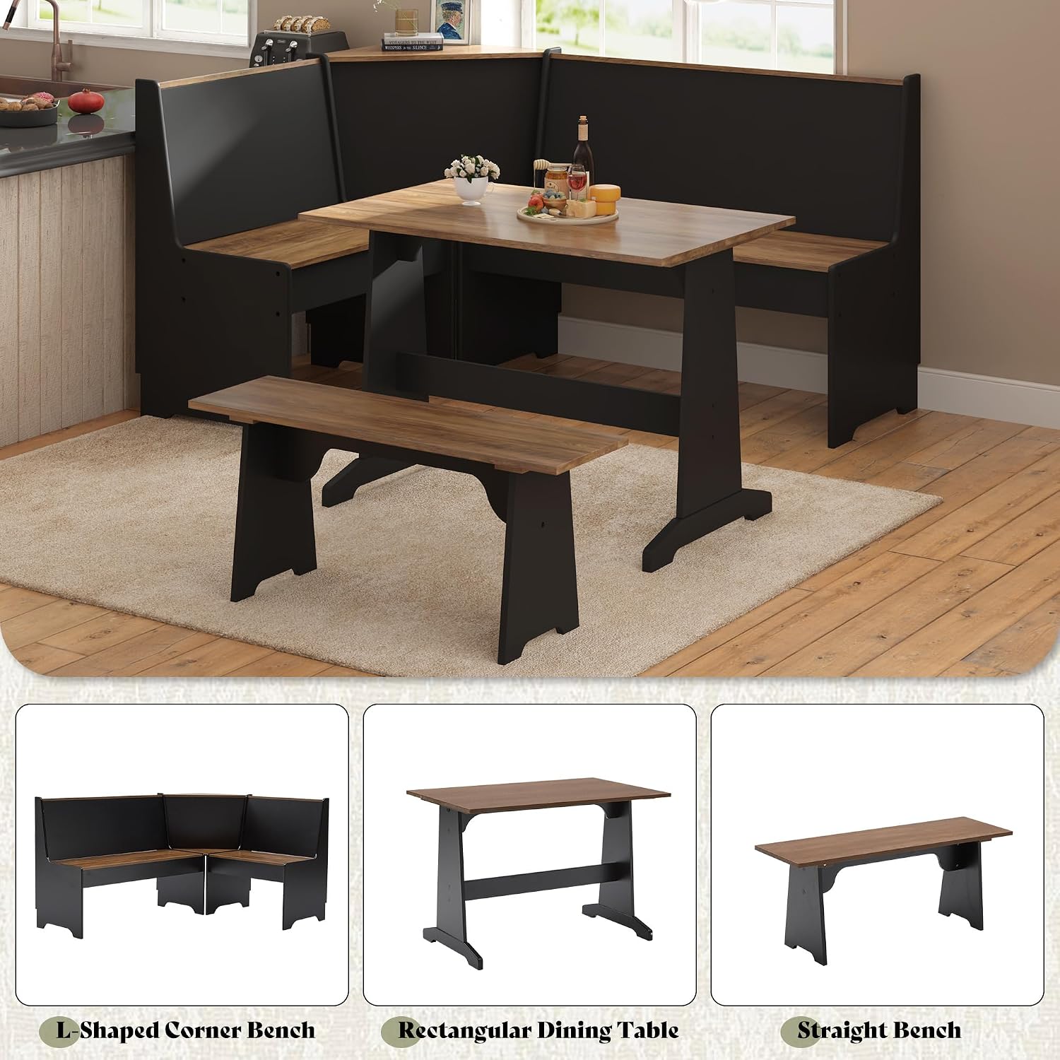 Amerlife 3-Piece Breakfast Nook Dining Set With Storage, Black Oak | L-Shaped Corner Bench, Hidden Storage, Compact Dining Set For Small Spaces, Kitchen Dining Room Furniture