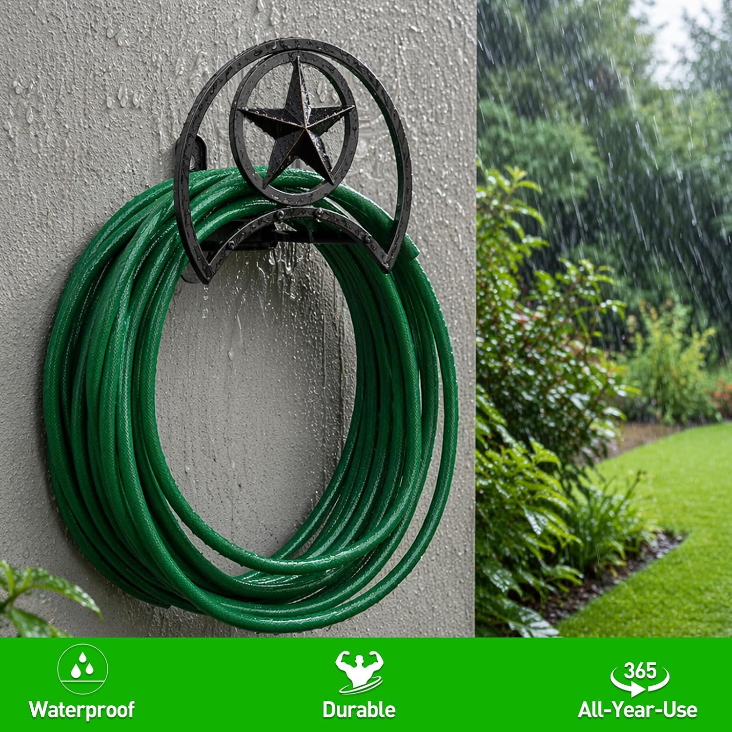 Garden Hose Holder, Holds 125 Ft 5/8-In Hose For Outdoor | Decorative Star Hose Butler Sturdy Water Hose Rack, Made Of Gauge Steel, Durable Wall Hose Hanger