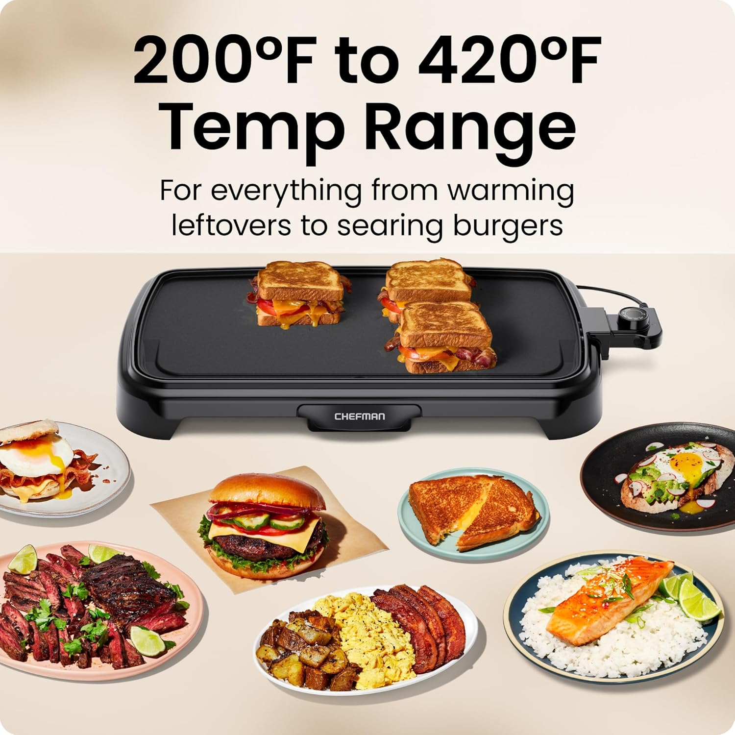 Chefman XL Electric Griddle with Removable Temperature Control, Immersible Flat Top Grill, Burger, Eggs, Pancake Griddle, Nonstick Extra Large Cooking Surface, Slide Out Drip Tray, 10 x 20 Inch