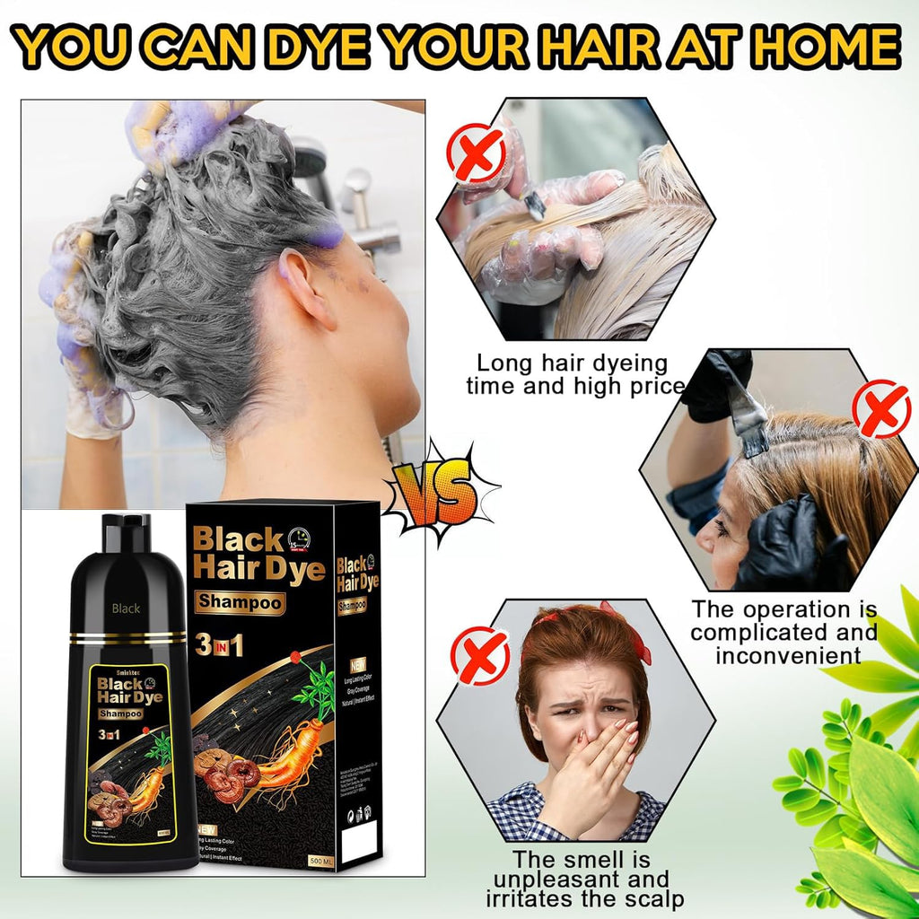 Hair Dye Shampoo 3 In 1 For Gray Hair, Herbal Ingredients Natural Shampoo Hair Dye For Women Men (Black)