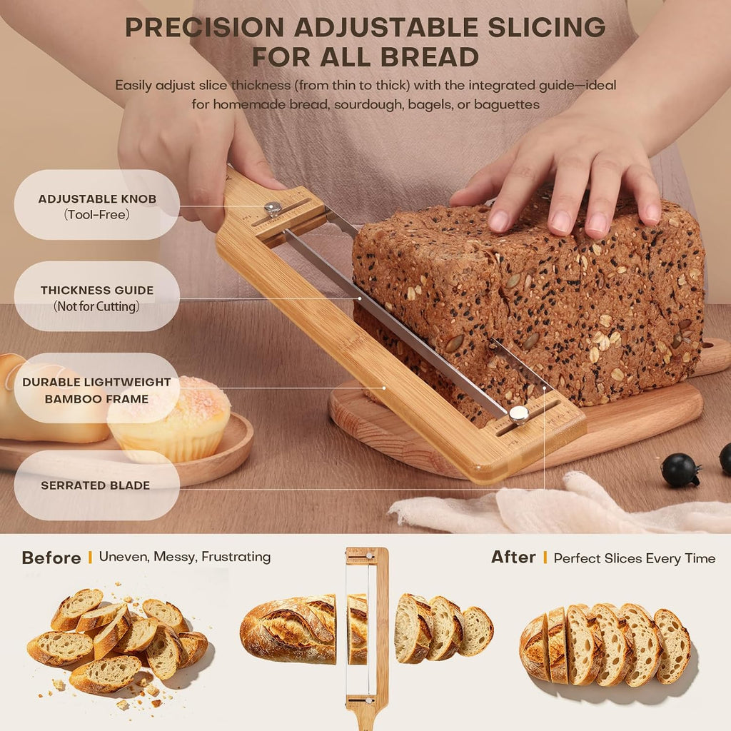 Adjustable Bread Knife For Homemade Bread Sourdough, Bamboo Handle | 304 Stainless Steel, Precision Slicing Guide, Bow Bread Knife With Extra Blade, Manual Bread Cutter, Gift For Bakers