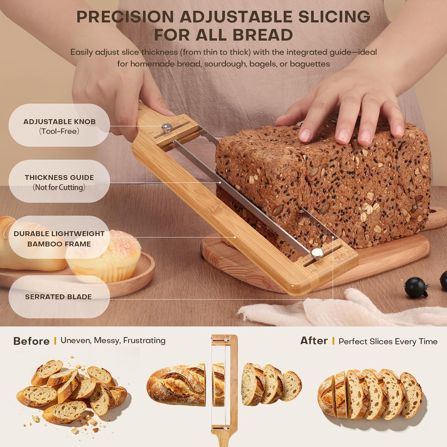 Adjustable Bread Knife For Homemade Bread Sourdough, Bamboo Handle | 304 Stainless Steel, Precision Slicing Guide, Bow Bread Knife With Extra Blade, Manual Bread Cutter, Gift For Bakers