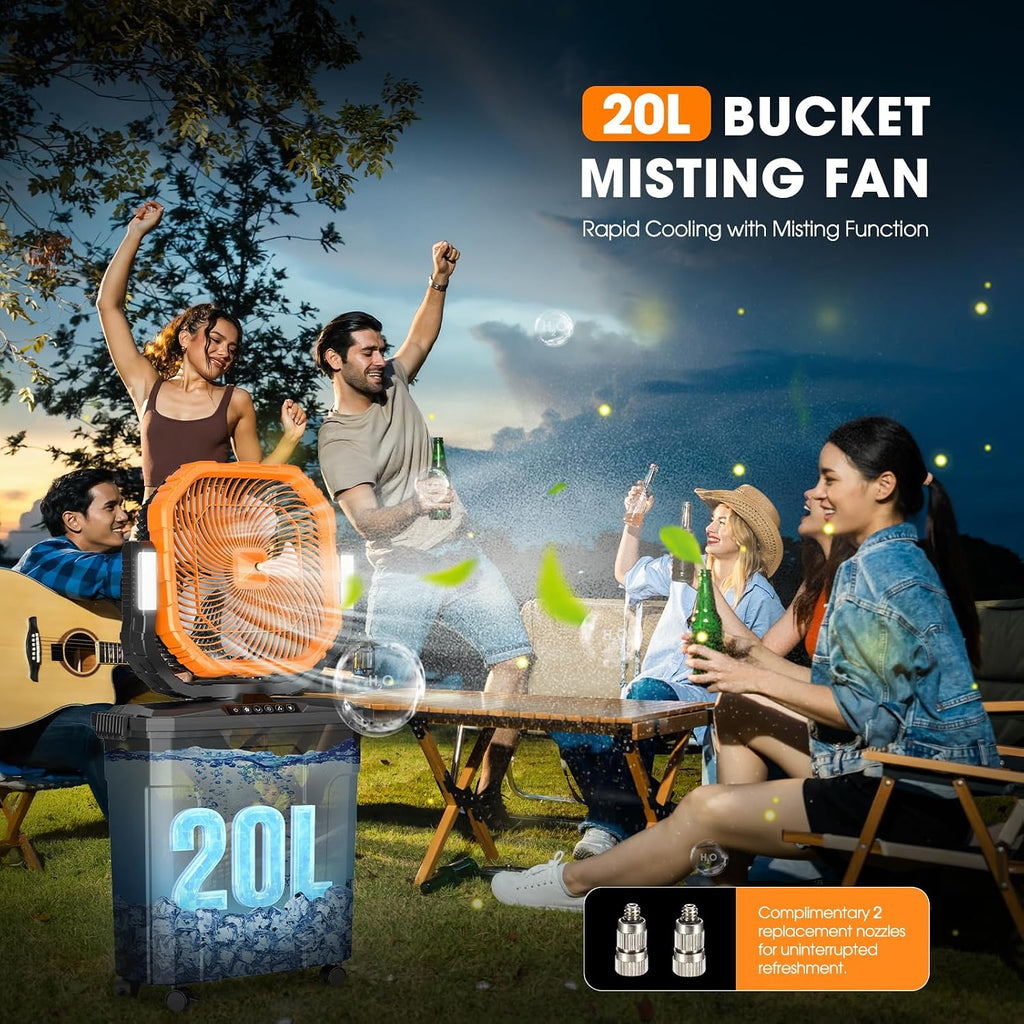 Ausic 5 Gal 12" Portable Misting Fan For Outside Patios, 30000Mah Outdoor Rechargeable Battery Oscillating Fan With Remote, Cooling Camping Dugout Fan With Light/Timer/Caster, Summer Essential