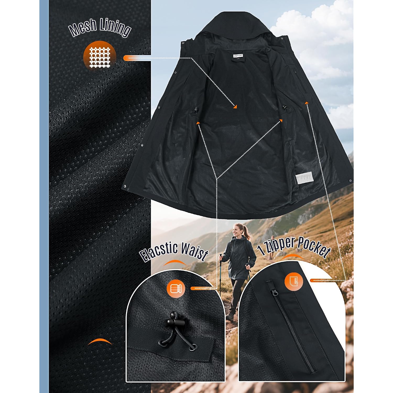 33,000Ft Women'S Waterproof Long Rain Coats With Mesh-Lind Breathable Rain Jacket With Hood Trench Coats Windbreaker