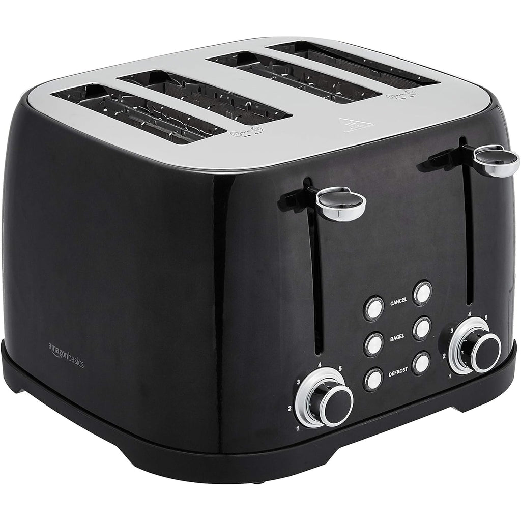 Amazon Basics 4 Slice Toaster with 4 Slots, 6 Browning Settings, Defrost, Removable Crumb Tray, Bagel Function, Cancel Button, 1600W, Black