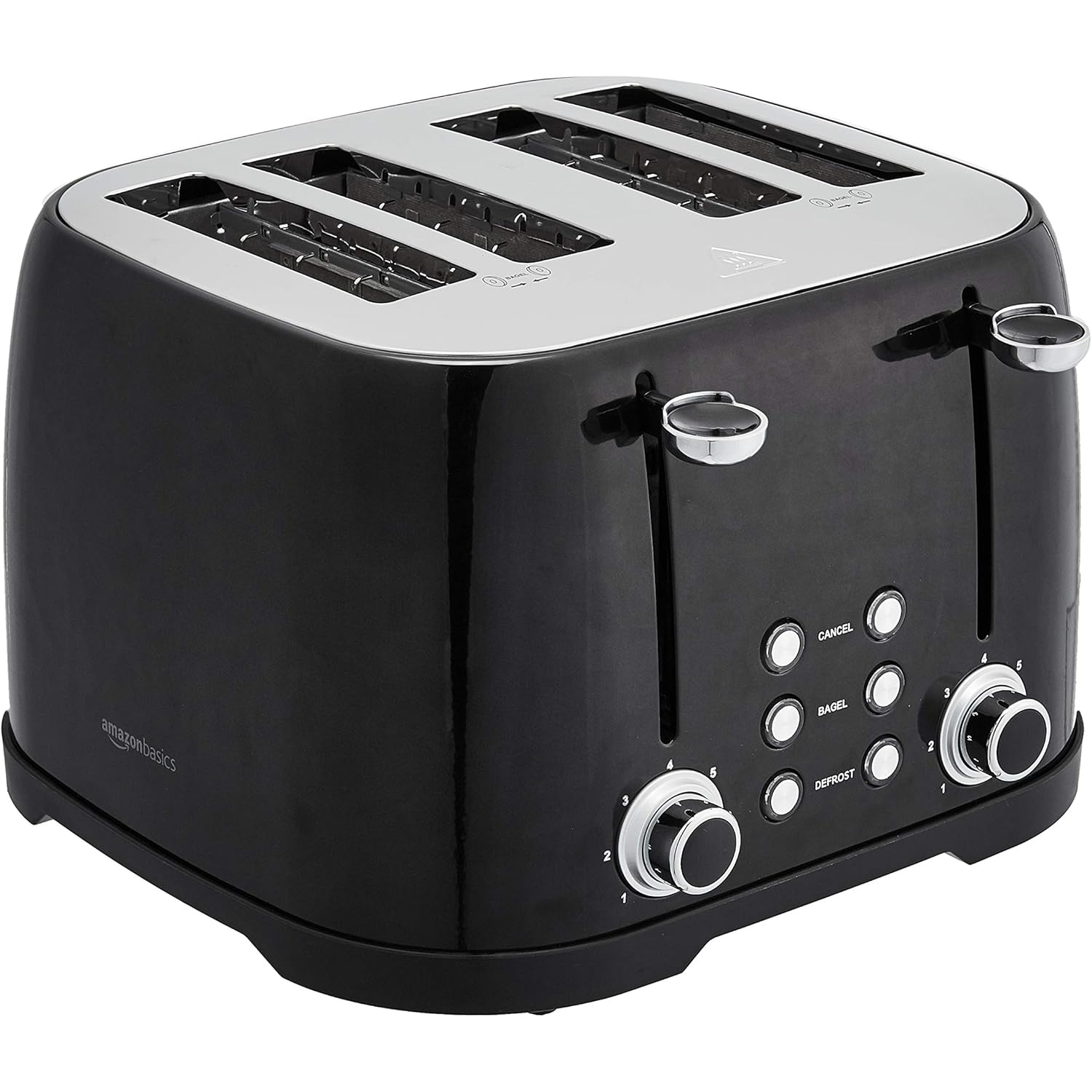 Amazon Basics 4 Slice Toaster with 4 Slots, 6 Browning Settings, Defrost, Removable Crumb Tray, Bagel Function, Cancel Button, 1600W, Black