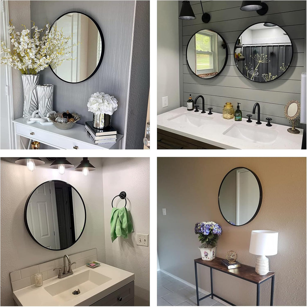 Oruii Round Mirror, Black Round Mirror 24 inch, Circle Wall Mirrors Metal Frame, Black Circular Mirrors for Bathroom, Wall, Living Room, Entryway, Hallway, Vanity, Rustic
