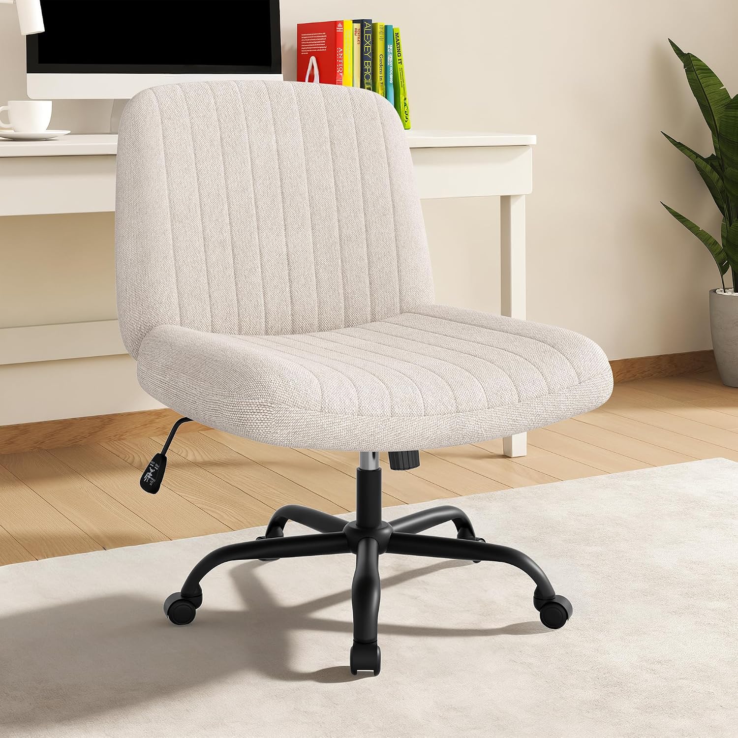 Shintenchi Criss Cross Chair,Cross Legged Office Seat With Wheels Armless Swivel Vanity Chair,Height Adjustable Wide Computer Task Seating For Home Office,Beige