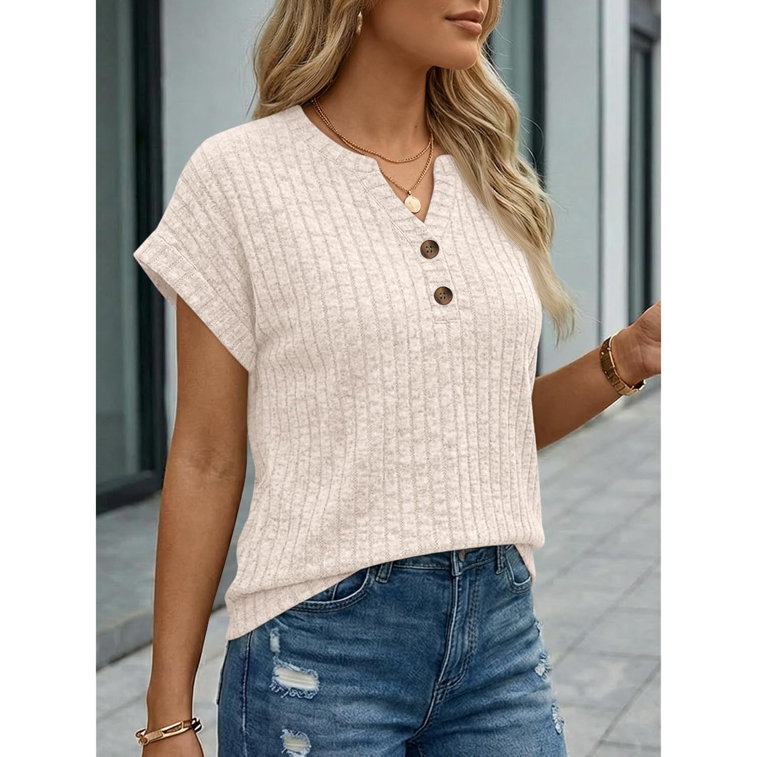 Womens Spring Top Summer Short Sleeve T Shirt Business Dressy Casual Blouse Henley V Neck Sweater Loose Fit Tee Tunic