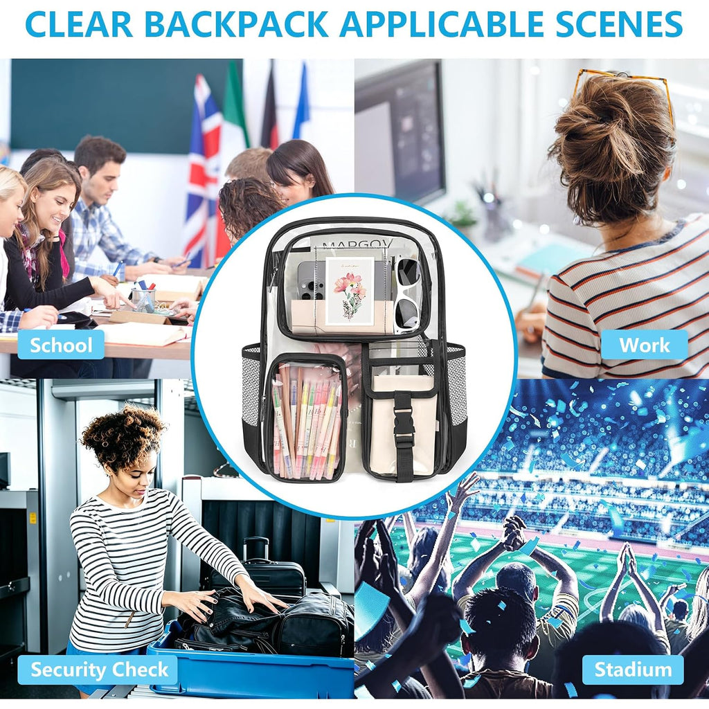 Clear Backpack For School, 17 Inch Heavy Duty Pvc Transparent Bookbag | Reinforced Straps Stitches, Clear Bag For Stadium Events Girls Boys, Large Capacity Backpack For Security College Work Black