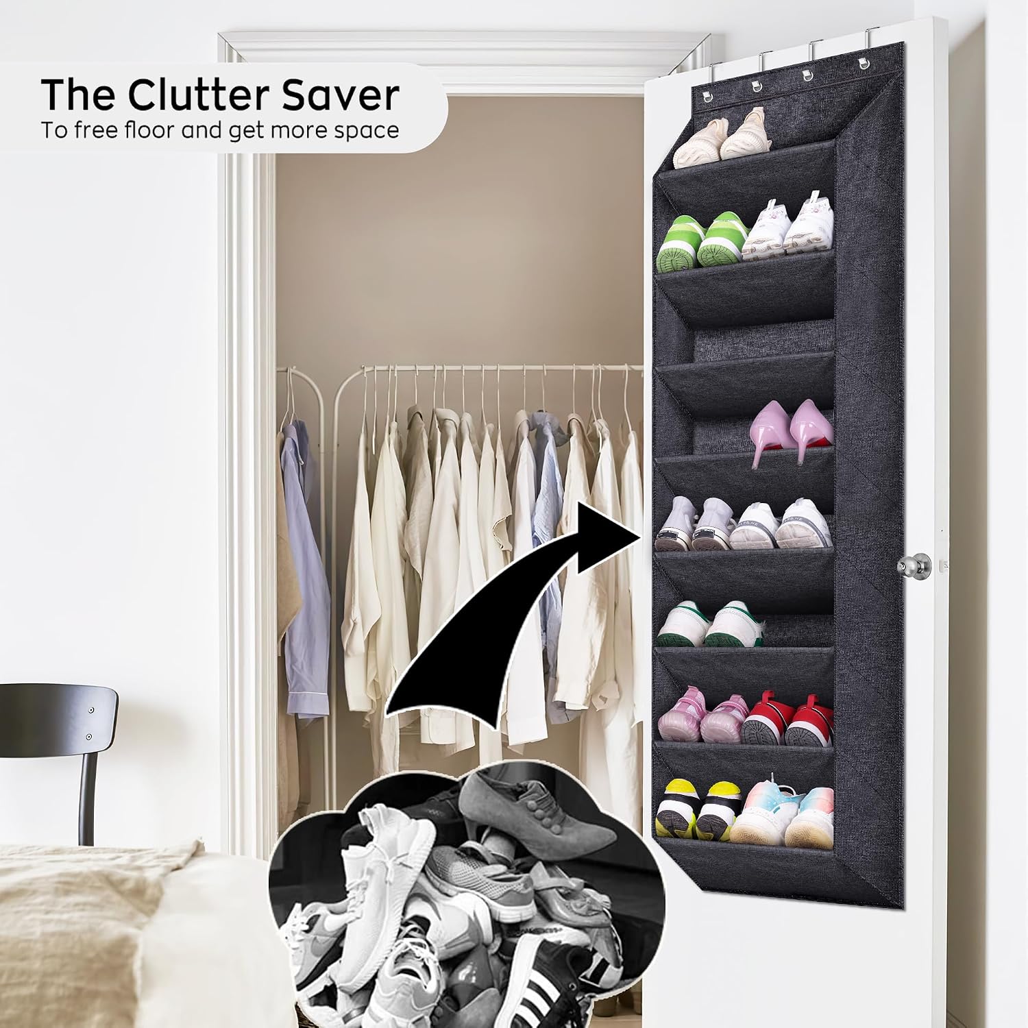 Sleeping Lamb Over The Door Shoe Organizer For Closet With Large Deep Pockets, Narrow Shoe Rack For Door Hanging Boots Storage, Black
