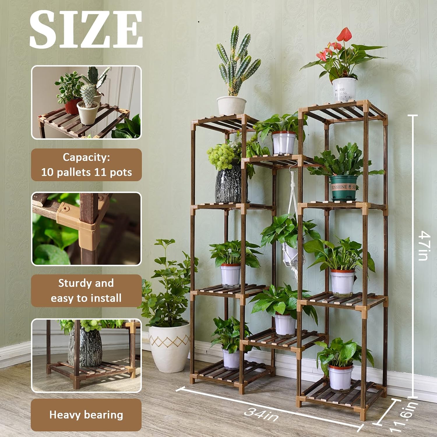 Plant Stand Indoor Outdoor, Tall Plant Shelf For Multiple Plants, 10 Tiers 11 Pot Large Plants Holder Rack Wood Plant Shelves For Room Corner Balcony Garden Patio