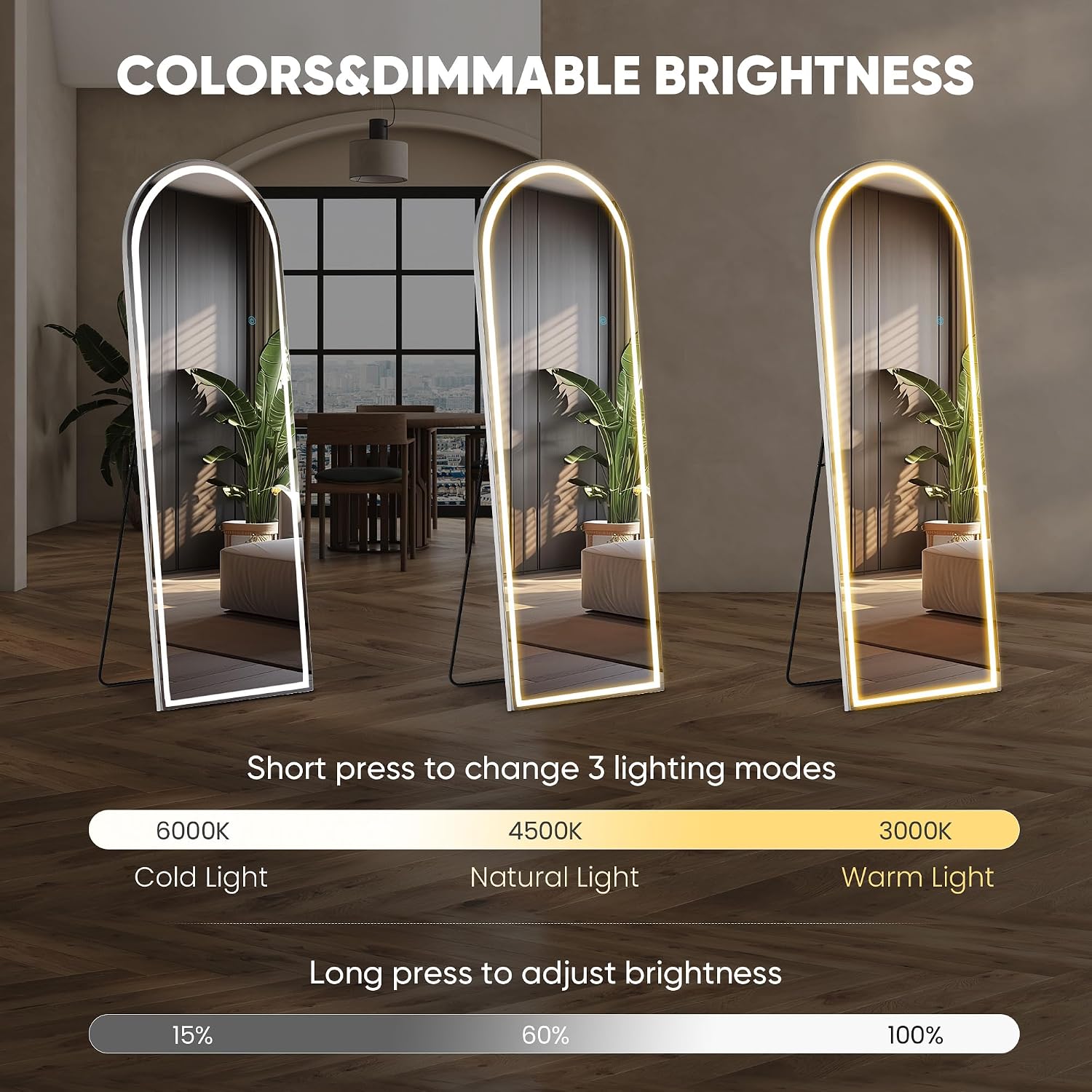 Dumos Arched Full Length Mirror Lighted, 20"X63" Led Floor Standing Mirror | Led Lights 3 Color Lighting And Shatterproof Tempered Glass, Wall Hanging Or Leaning, Floor Standing, Modern Home Decor