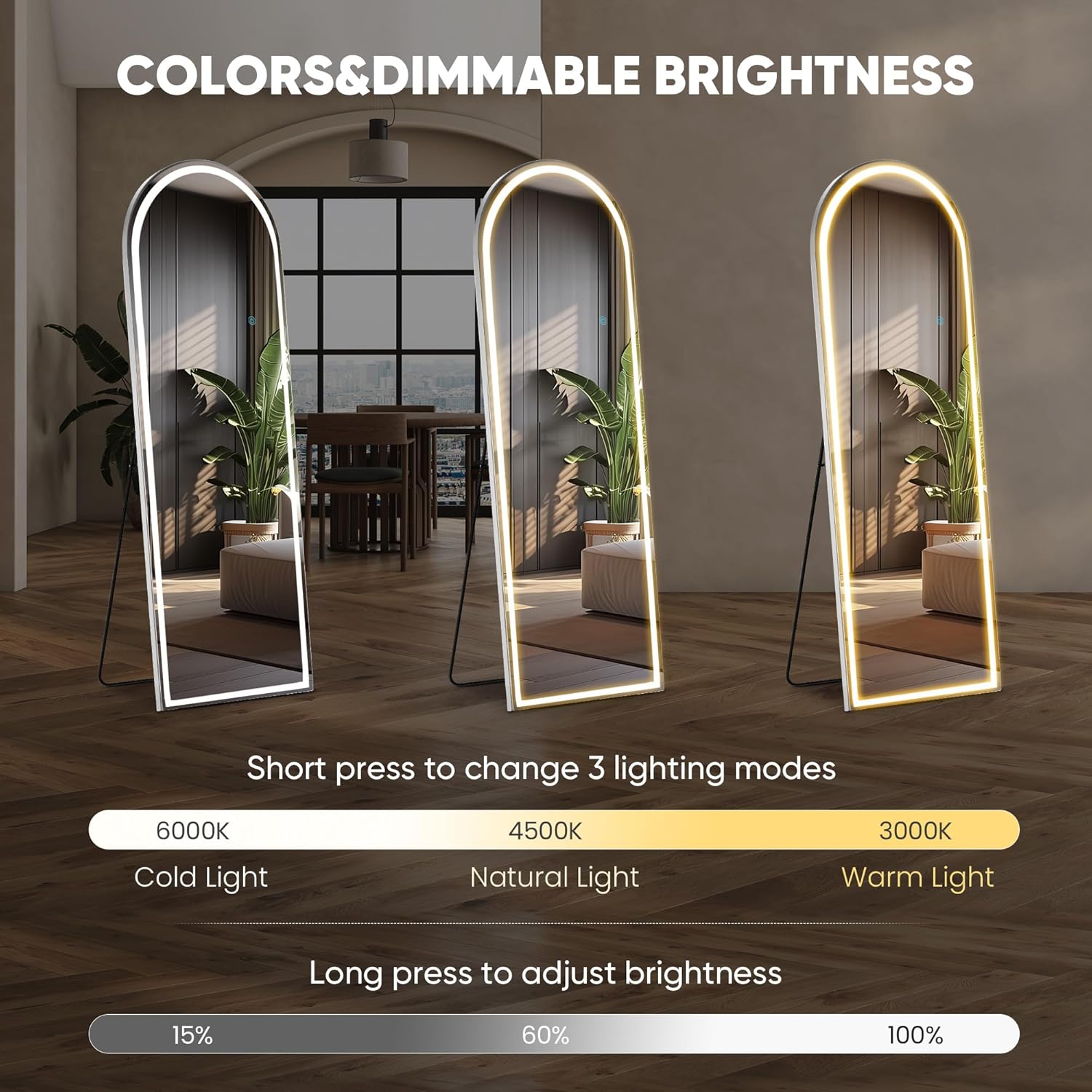 DUMOS Arched Full Length Mirror with Light - 20"×63" LED Floor Standing Mirror with 3 Color Lights & Wall Mounted for Bedroom, Dressing Room, Living Room, Bathroom