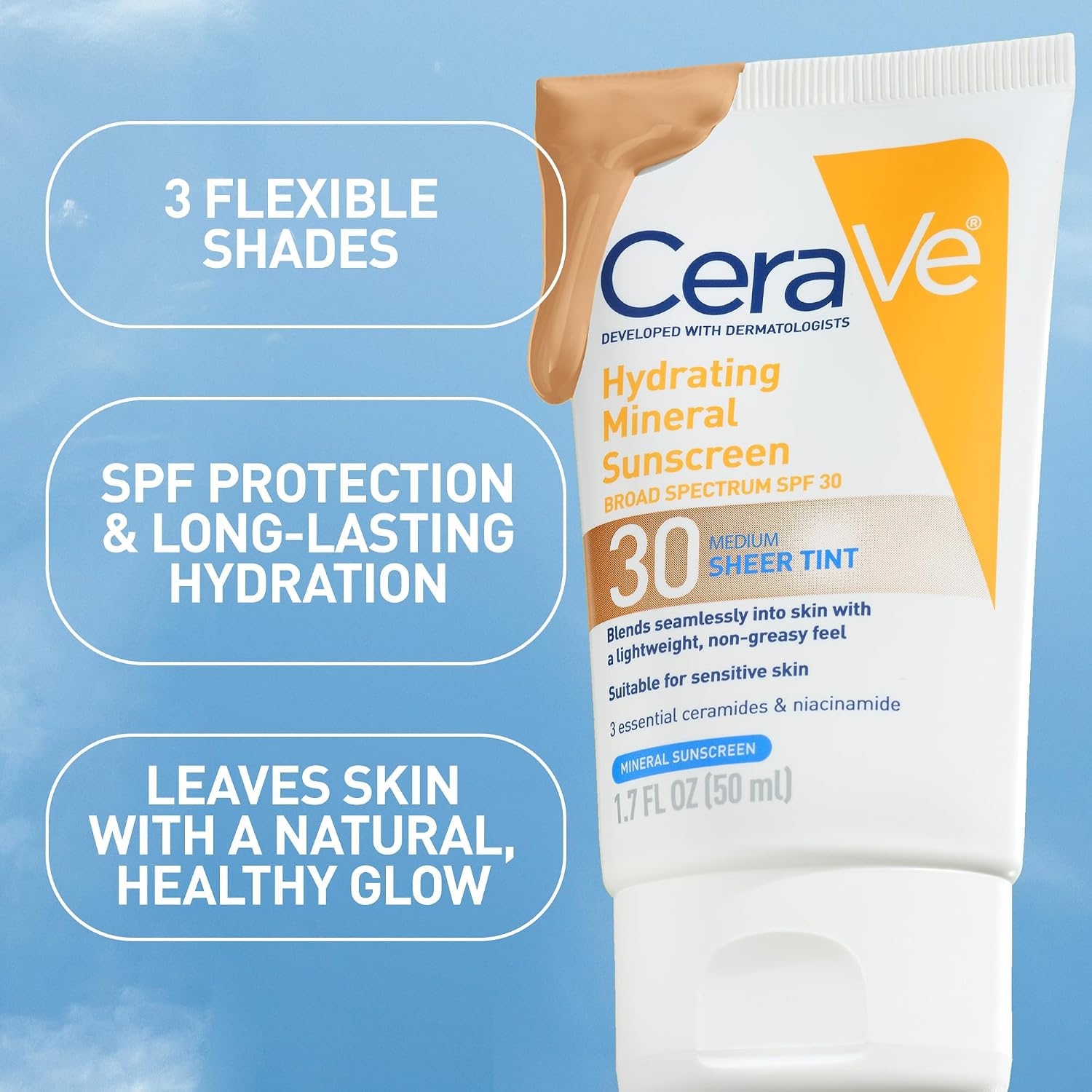 Cerave Hydrating Mineral Sunscreen Spf 30 With Sheer Tint, Tinted Mineral Sunscreen With Zinc Oxide & Titanium Dioxide, Blends Seamlessly For Healthy Glow, Medium, 1.7 Fluid Ounce
