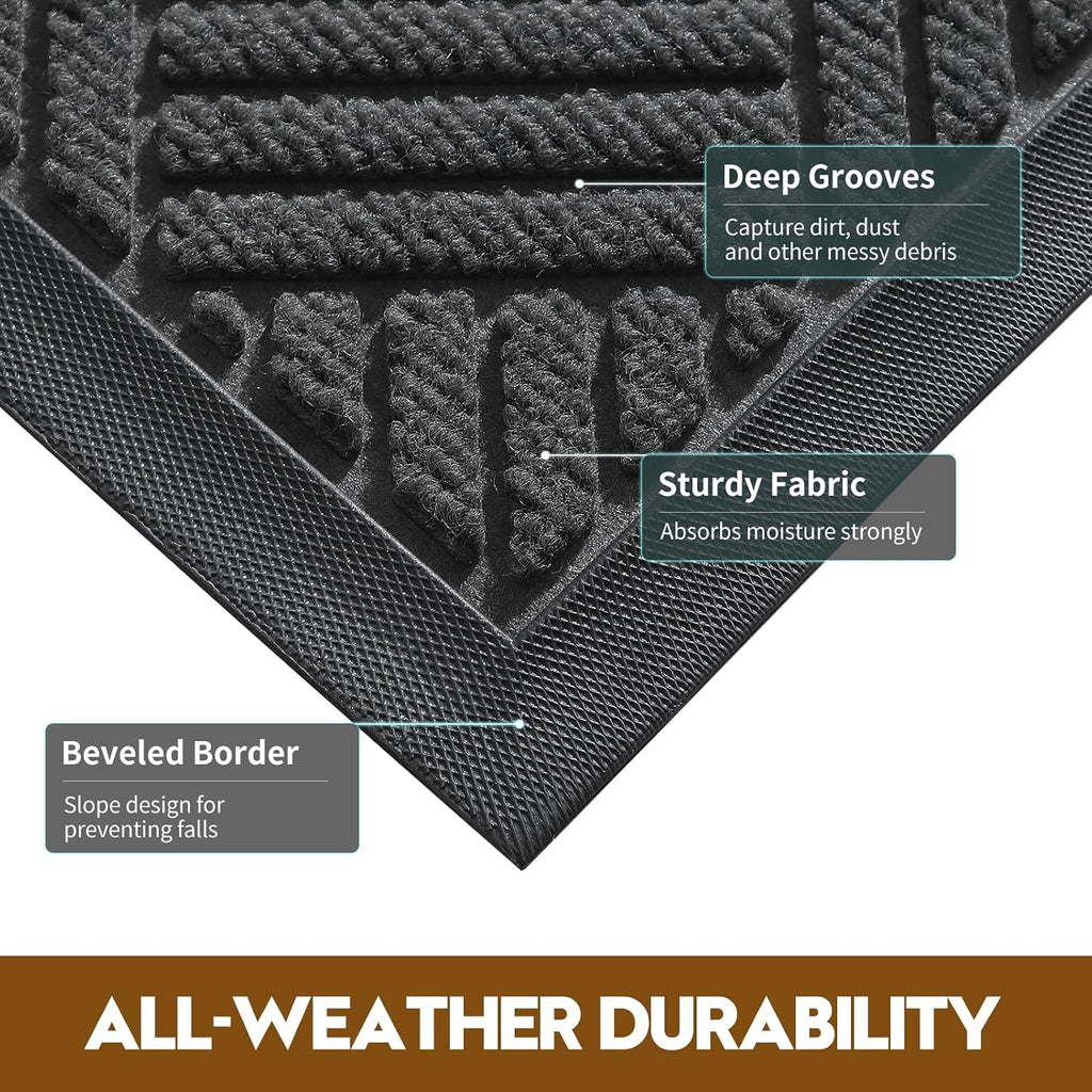 Front Door Mat, Heavy Duty Waterproof Doormat 29.5"X17", Grey | Indoor Outdoor Non-Slip Low Profile Dirt Trapper Absorbent Rubber Mat For Entryway, Stain Fade Resistant Easy Clean