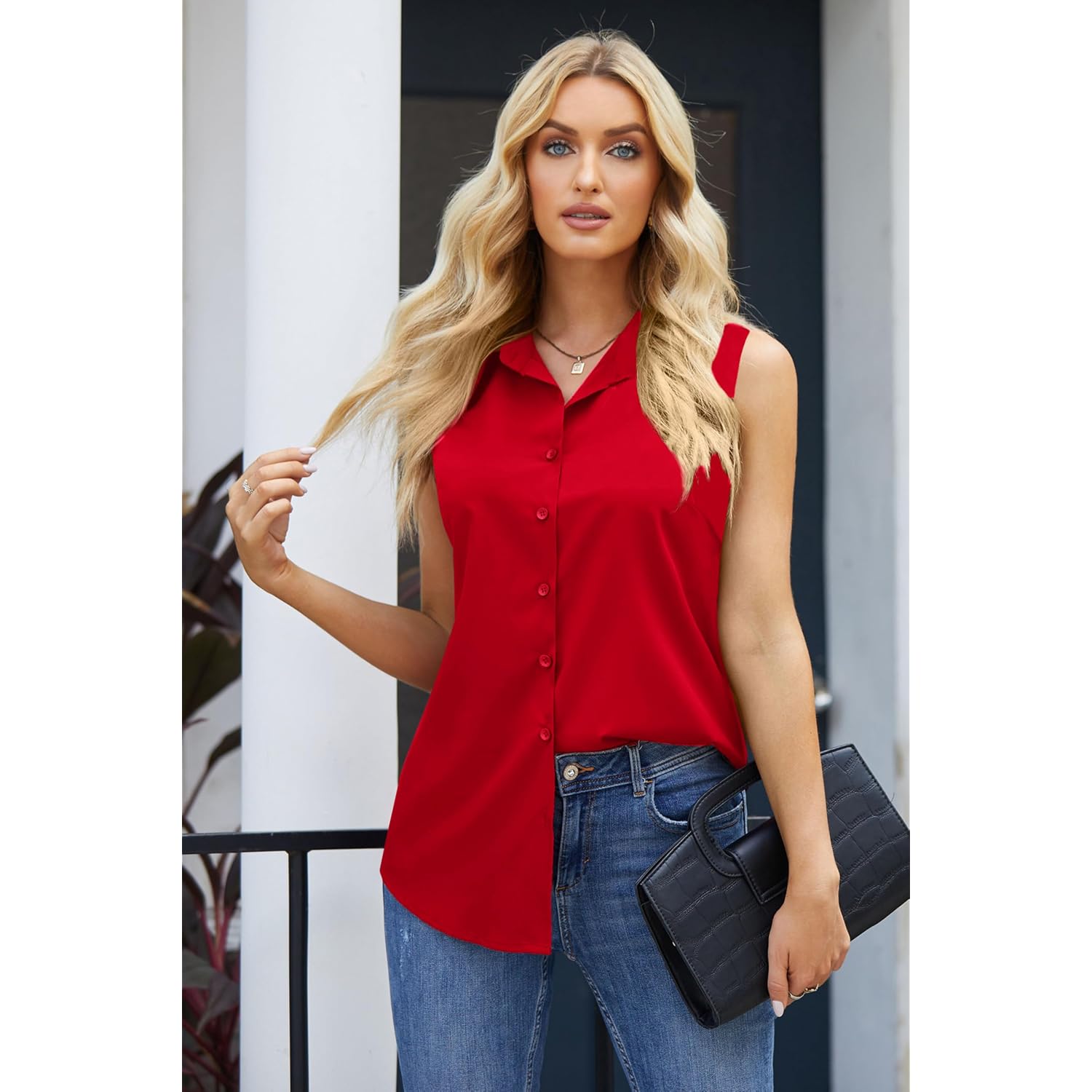 Zeagoo Women'S Sleeveless Button Down Shirts Blouses Casual Loose V Neck Tank Tops For Work S-Xxl