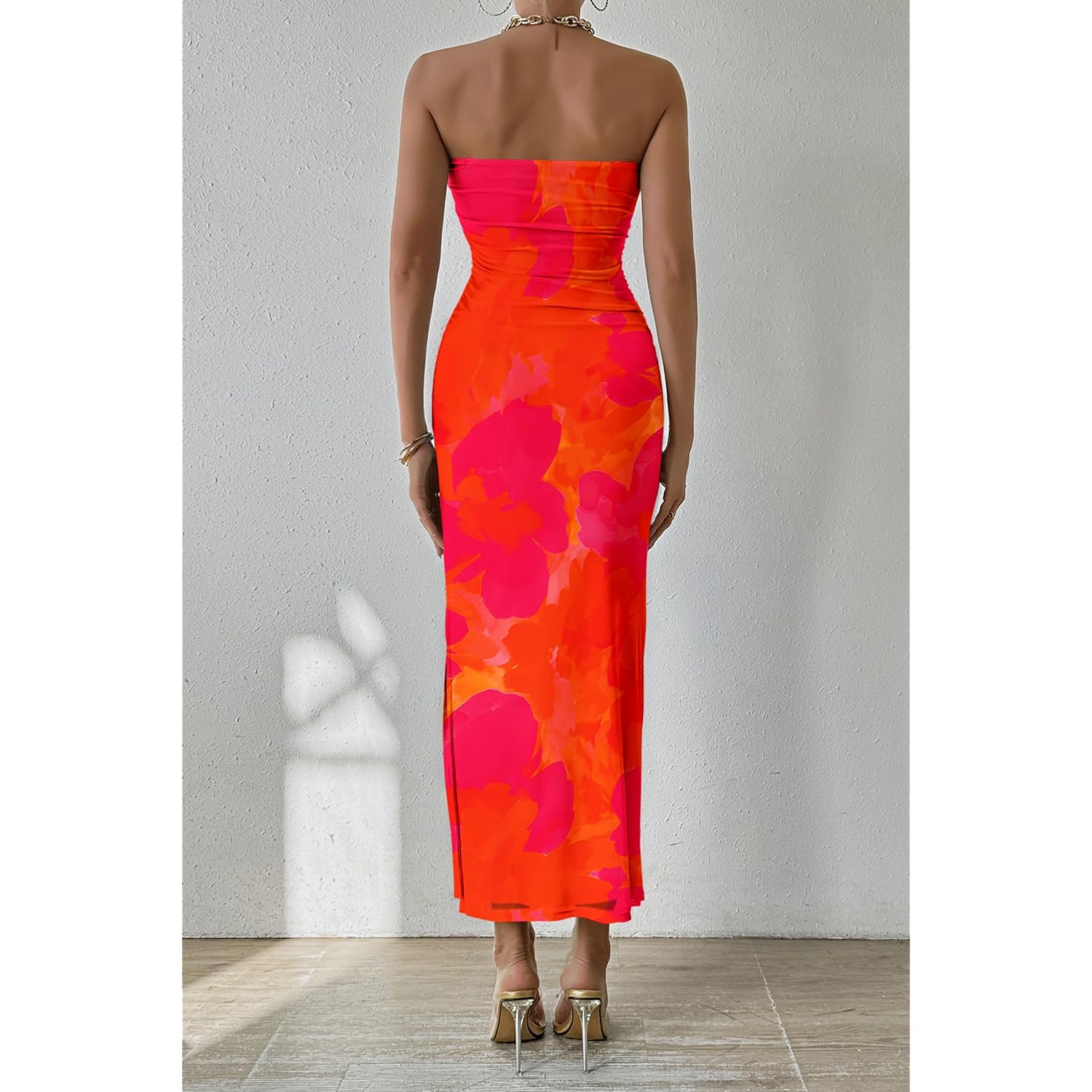 Prettygarden Women'S Summer Wedding Guest Dress Strapless Tube Top Maxi Bodycon Long Floral Mesh Beach Vacation Party Dresses