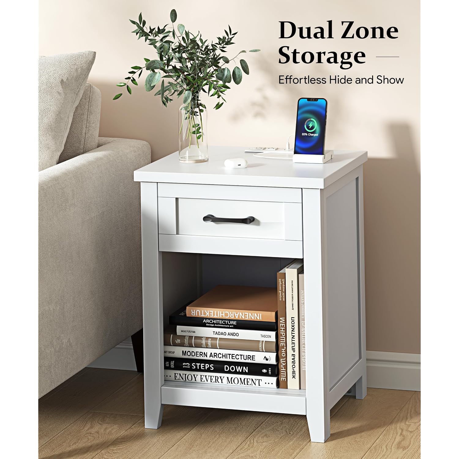 Decofy Farmhouse Nightstand With Charging Station & Large Storage, Set Of 2 Modern End Tables With Outlets, Usb Ports And Type-C Ports, Easy Assembly For Bedroom (Pure White)