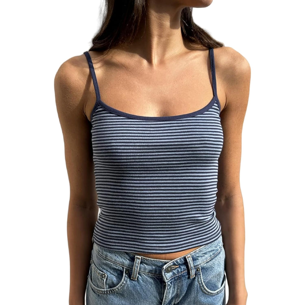 Women Stripe Print Cami Top Y2k Spaghetti Strap Backless Crop Tank Aesthetic Sleeveless Slim Fit Going Out Tops
