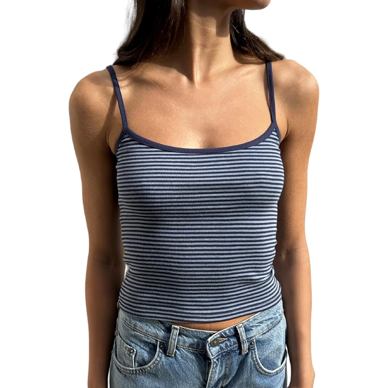 Women Stripe Print Cami Top Y2k Spaghetti Strap Backless Crop Tank Aesthetic Sleeveless Slim Fit Going Out Tops