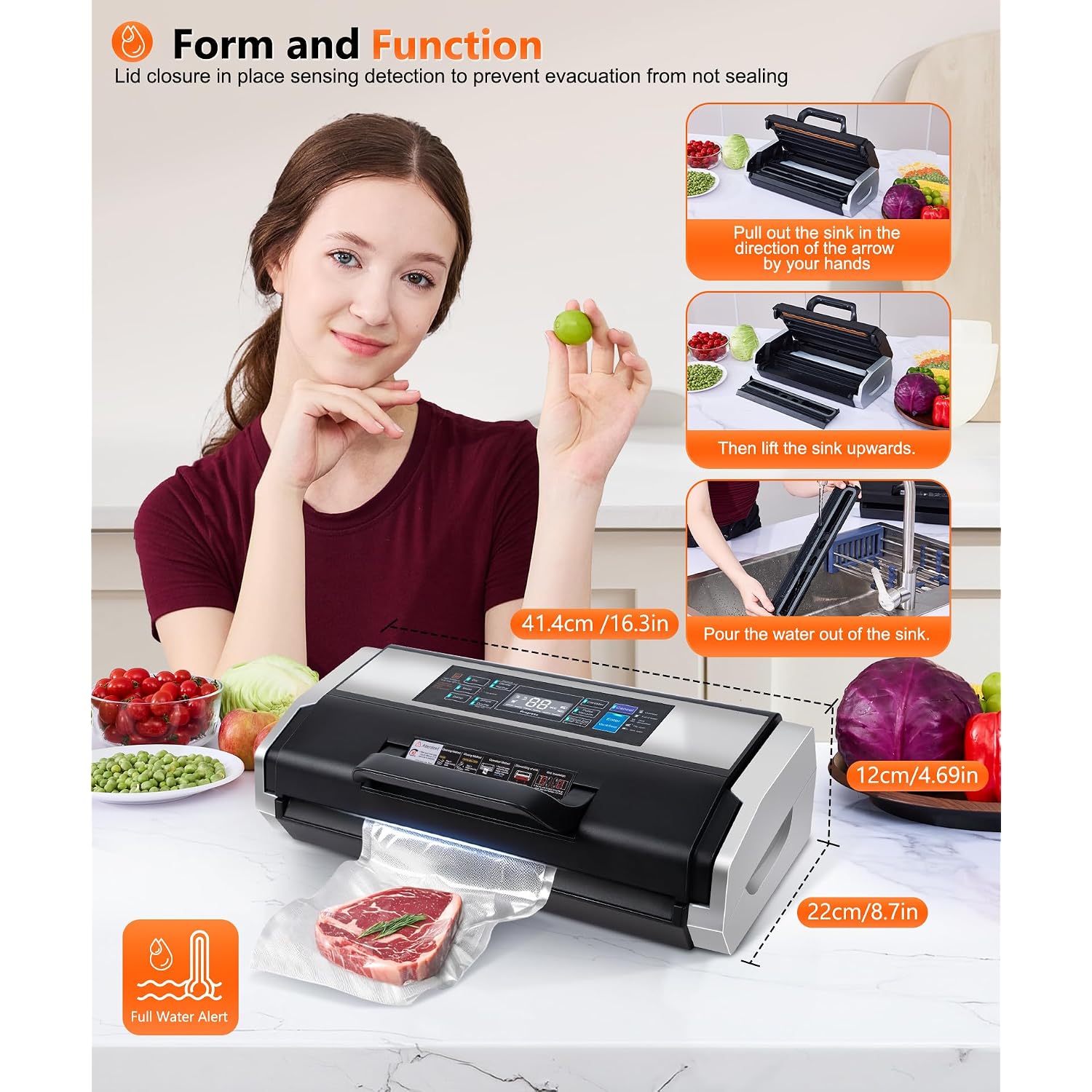 95Kpa Vacuum Sealer Machine- Fully Automatic Commercial Food Sealer With 10-In-1 System, Double Heat Seal, Easy-Lock Handle & Built-In Cutter, Includes 1 Roll + 15 Bags (Black Silver)