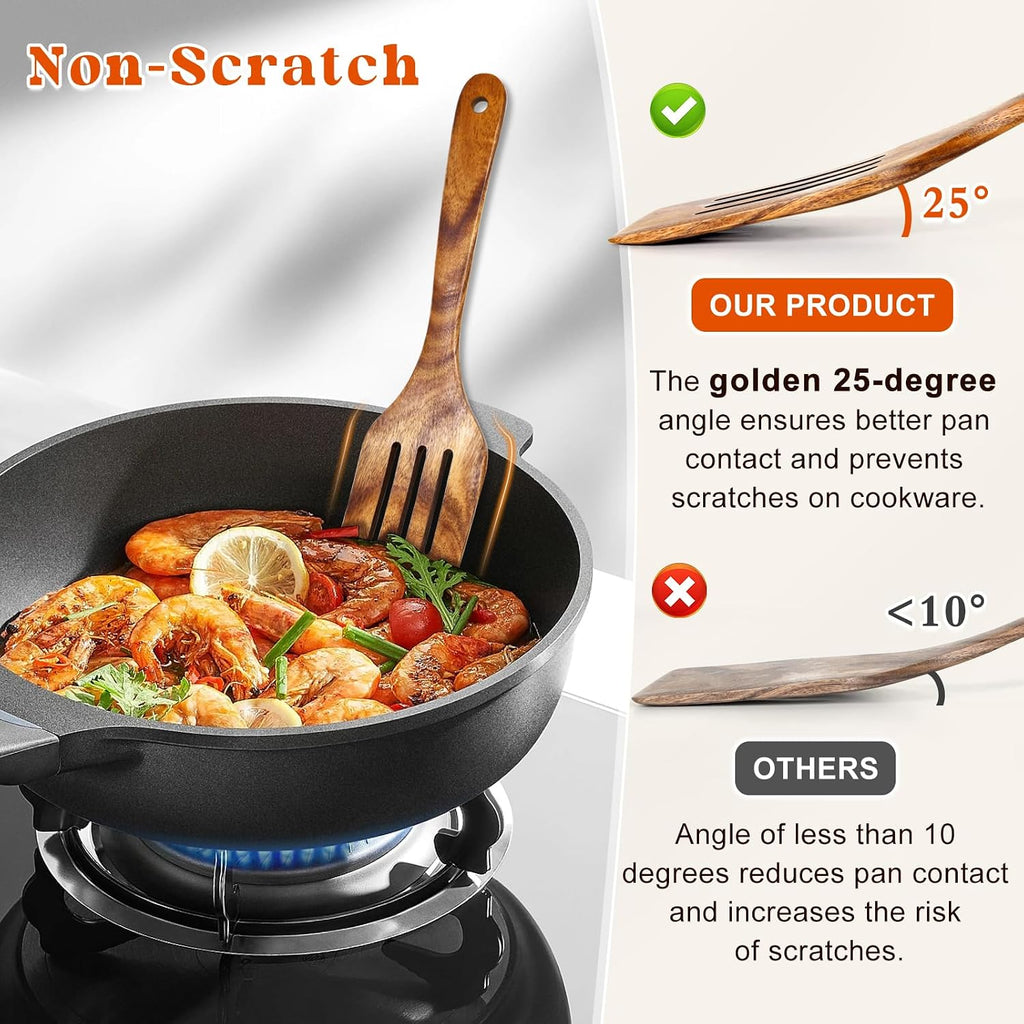 2Pcs Wooden Spatula, Acacia Solid & Slotted Turner Spatula Set, Long Handle Flat Frying Spatulas, Ideal Kitchen Gift For Mother And Grandma, Kitchen Utensils Set For Cooking, Frying, Baking
