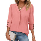Womens 3/4 Sleeve Tops with Buttons V Neck Summer Outfits Dressy Casual Blouses for Women Fashion Clothes