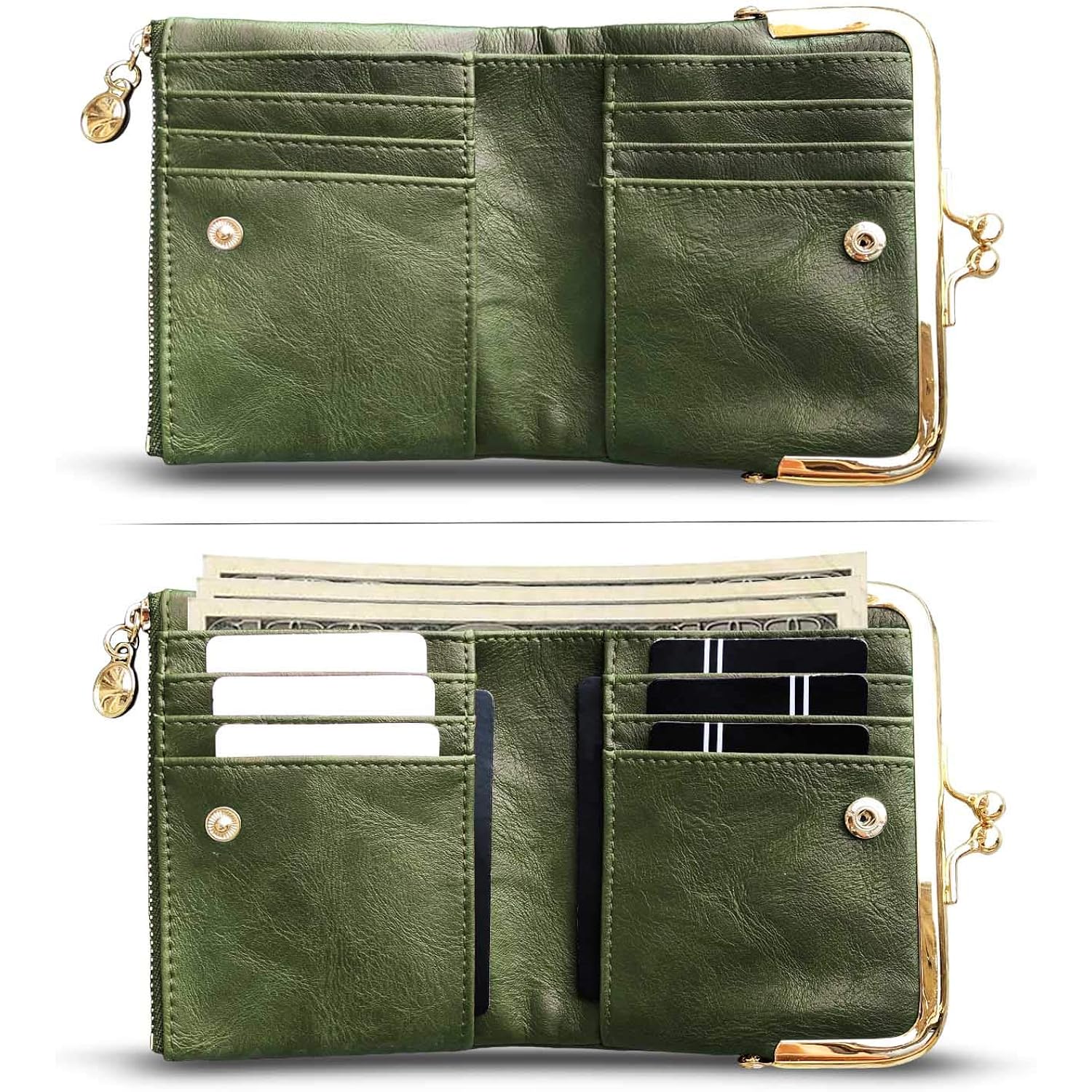AOXONEL Womens Wallet Small Rfid Ladies Compact Bifold Leather Vintage Coin Purse With Zipper and Kiss Lock
