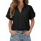 Womens Casual Button Down Shirt Short Sleeve Cotton Button Up Blouses Collared Summer Beach Tops Ladies Outfits