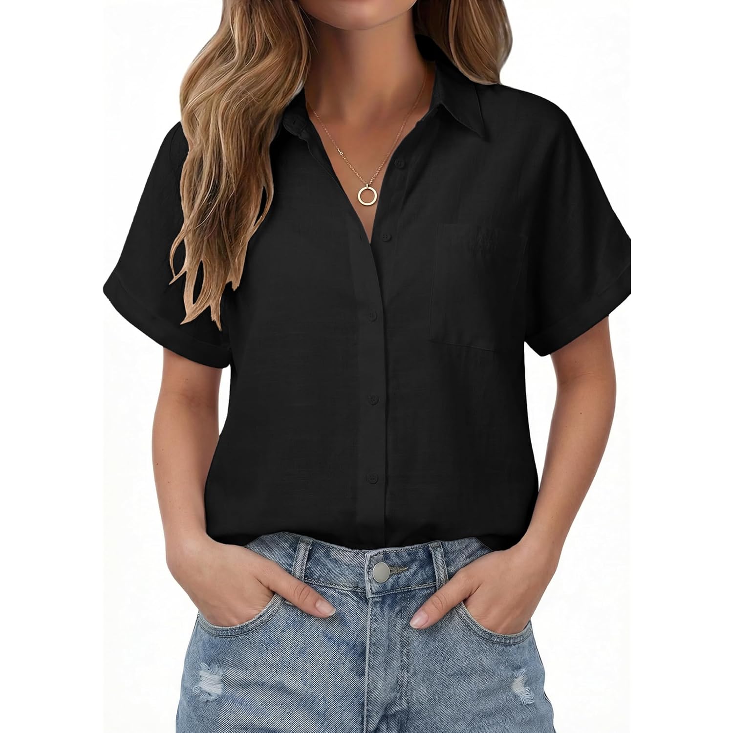 Womens Casual Button Down Shirt Short Sleeve Cotton Button Up Blouses Collared Summer Beach Tops Ladies Outfits