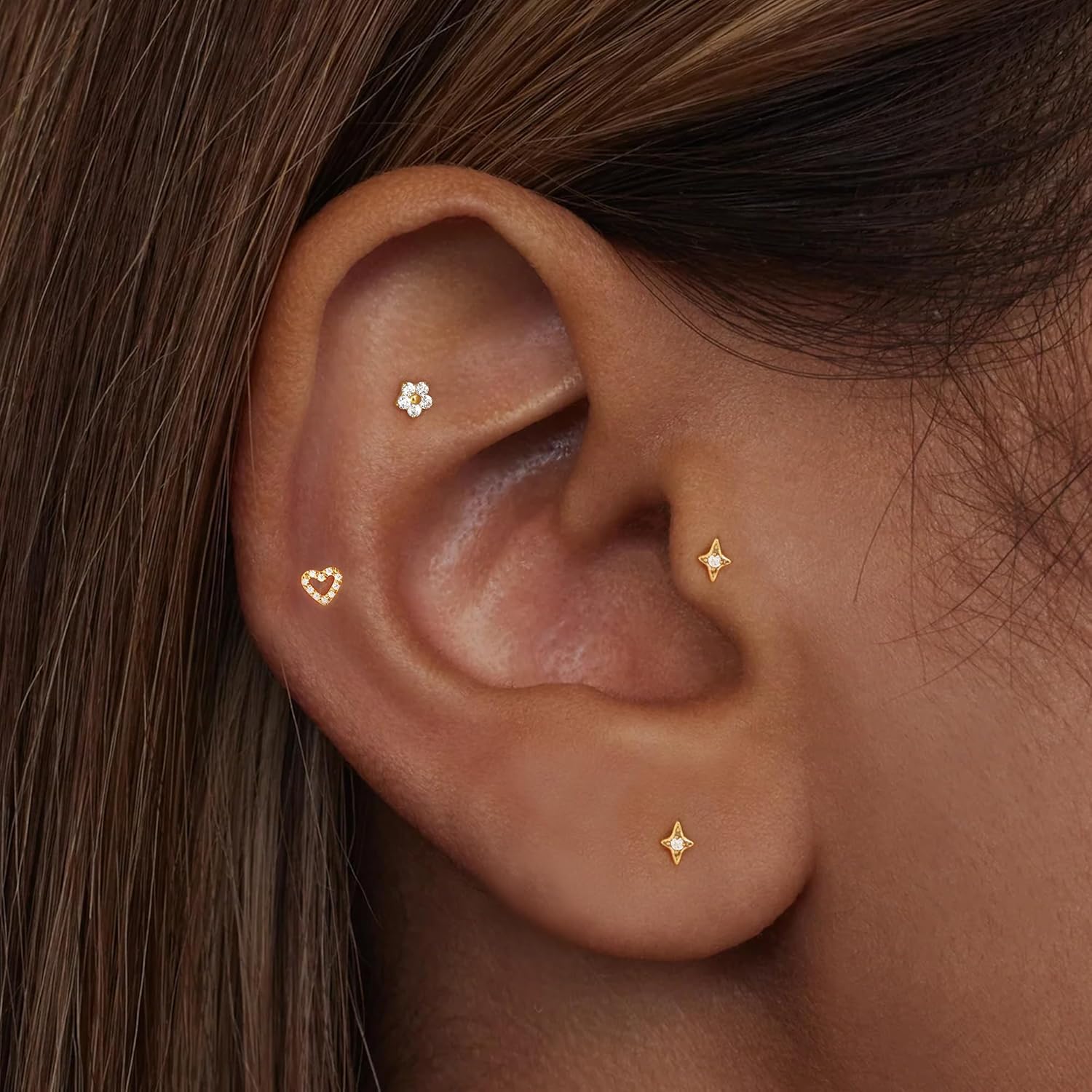 Flat Back Stud Cartilage Tragus Helix Nose Piercing Earrings Jewelry For Women Conch Threadless 18G Titanium Surgical Steel Hypoallergenic 14K Gold plated CZ Silver Small Tiny Studs