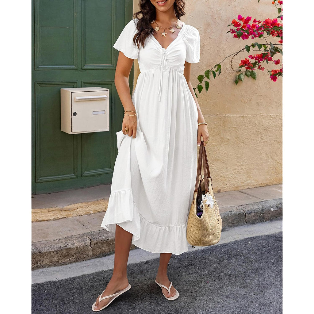 Btfbm Womens Summer Dresses 2026 Casual Short Sleeve V Neck Drawstring Wedding Guest Maxi Dresses Boho Beach Long Dress